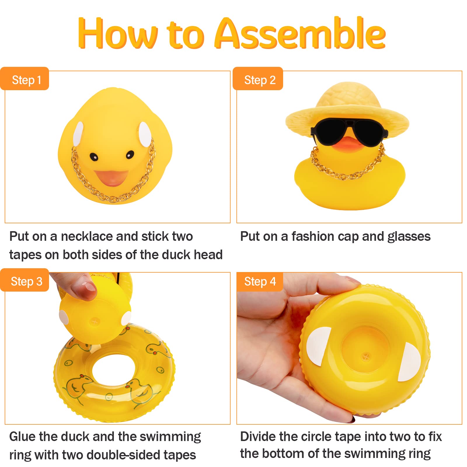 Wonuu Rubber Duck Car Dashboard Decor - Cute Car Ornament with Mini Bow Tie, Gold Chain, Straw Hat & Sunglasses | Fun Dashboard Accessory for Car Interior Decoration & Gift Idea