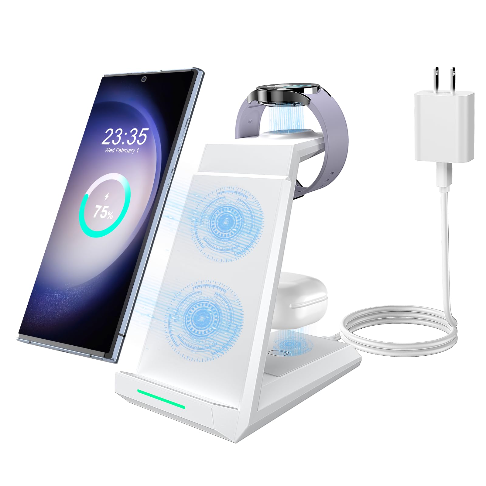ADADPU 3-in-1 Wireless Charging Station for Samsung - Fast Charger Dock for Galaxy S24 Ultra/S23/S22/S21 FE/Z Flip 5/Fold 4, Galaxy Buds 2/Pro, Galaxy Watch 6/5/4 - Perfect for Home, Office & Travel