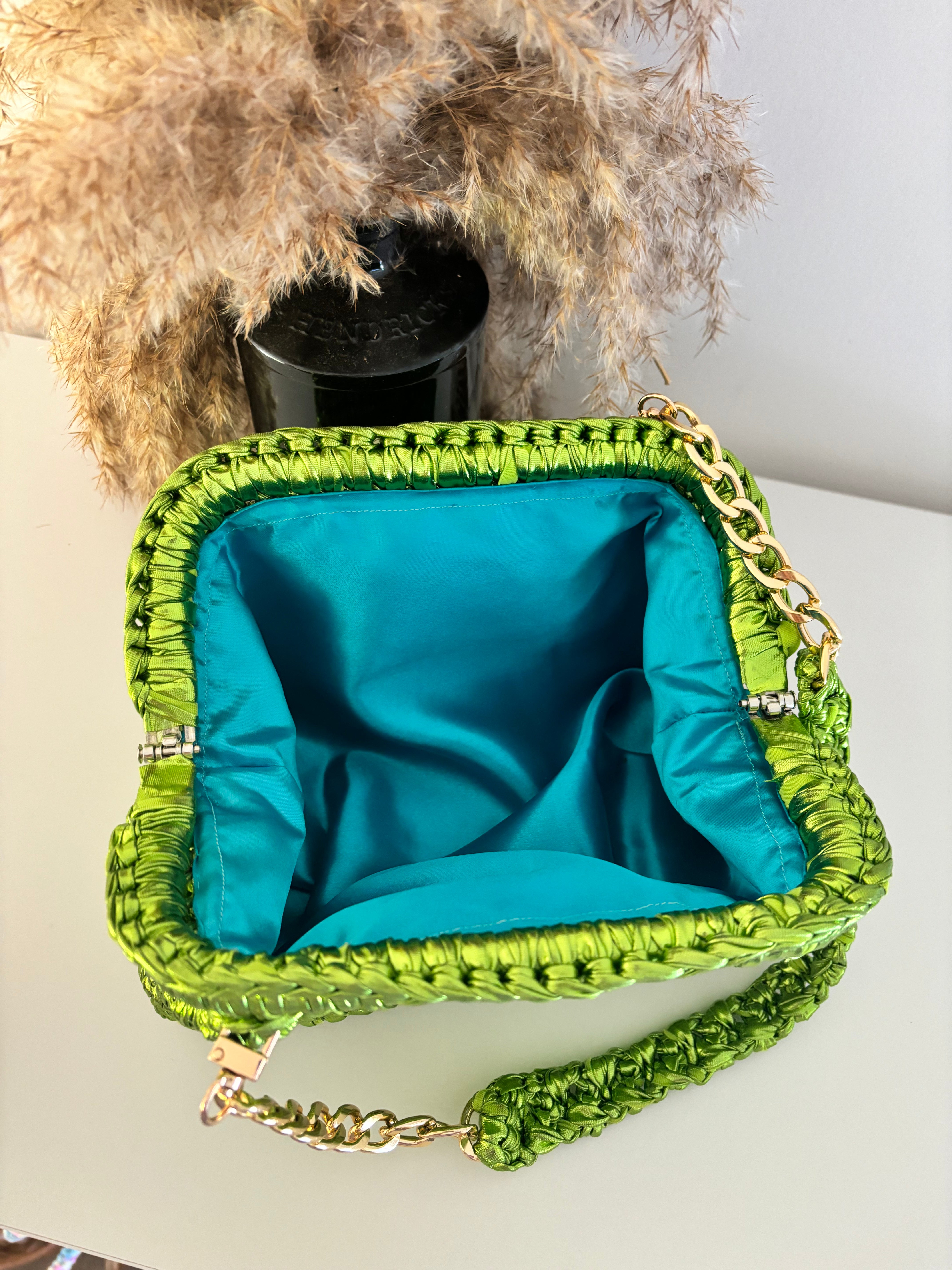 Premium Metallic Green Yarn Clutch Bag for Women - Elegant Evening Clutch for Parties, Weddings & Special Occasions