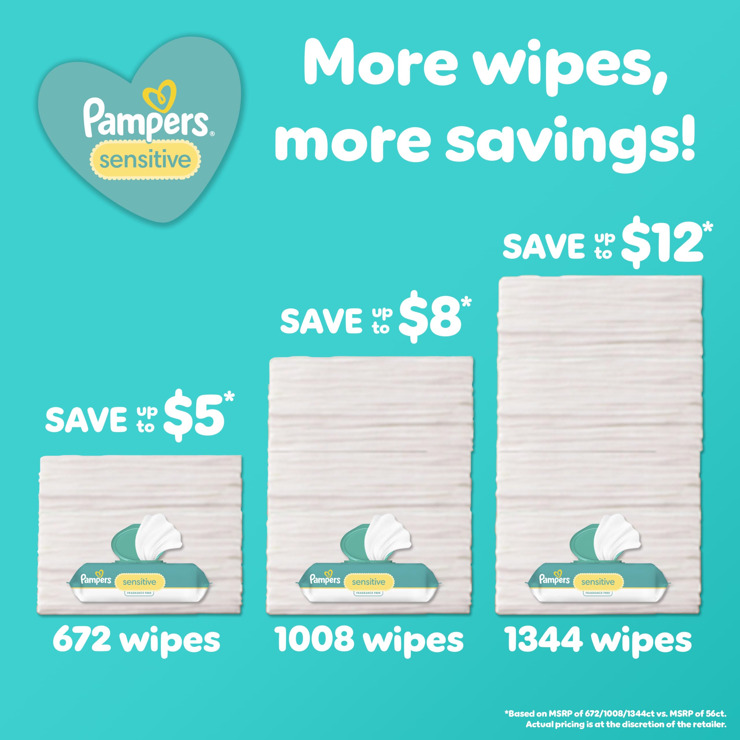 Pampers Sensitive Baby Wipes - Fragrance Free, Hypoallergenic, 12 Pop-Top Packs (1008 Count) | Gentle for Newborn Skin, Diaper Changes & On-The-Go Cleaning