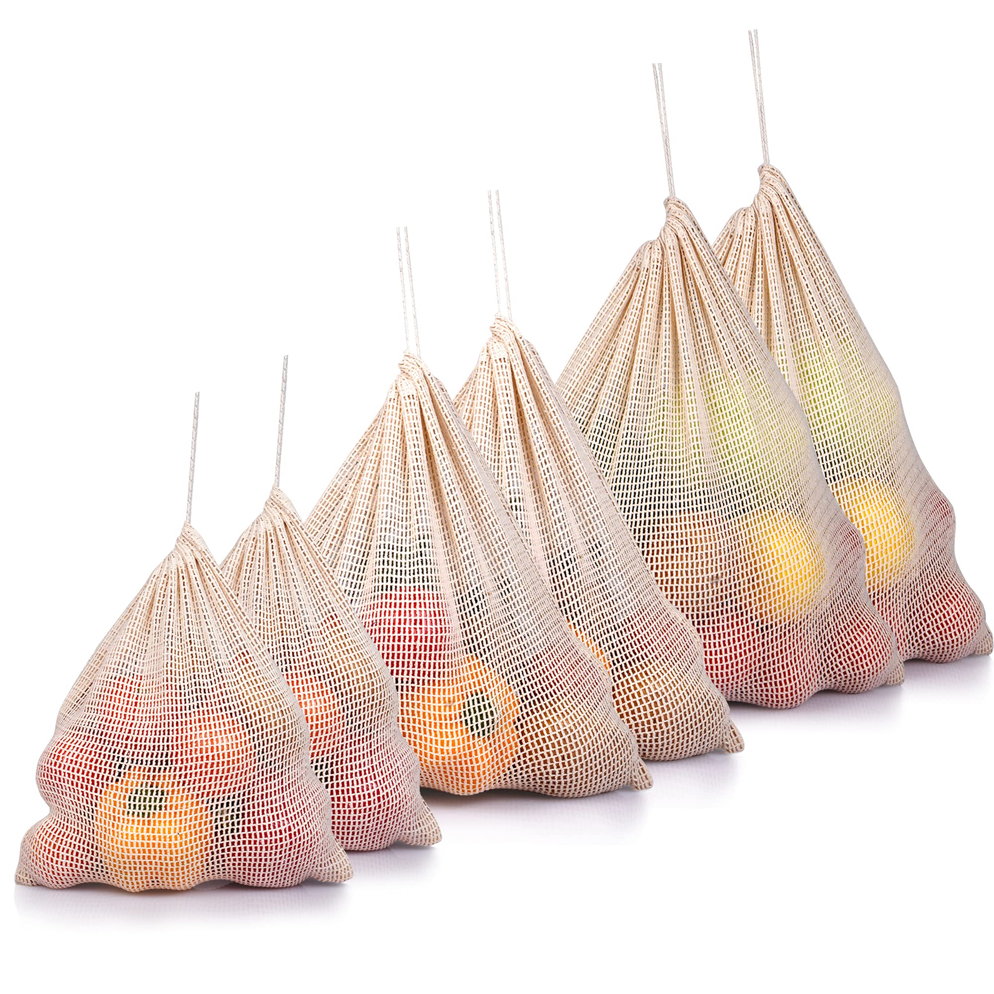 Eco-Friendly 6 Pack Reusable Produce Bags - Washable Mesh Drawstring Bags Set (2 Large, 2 Medium, 2 Small) for Grocery Shopping, Farmers Market & Zero Waste Lifestyle
