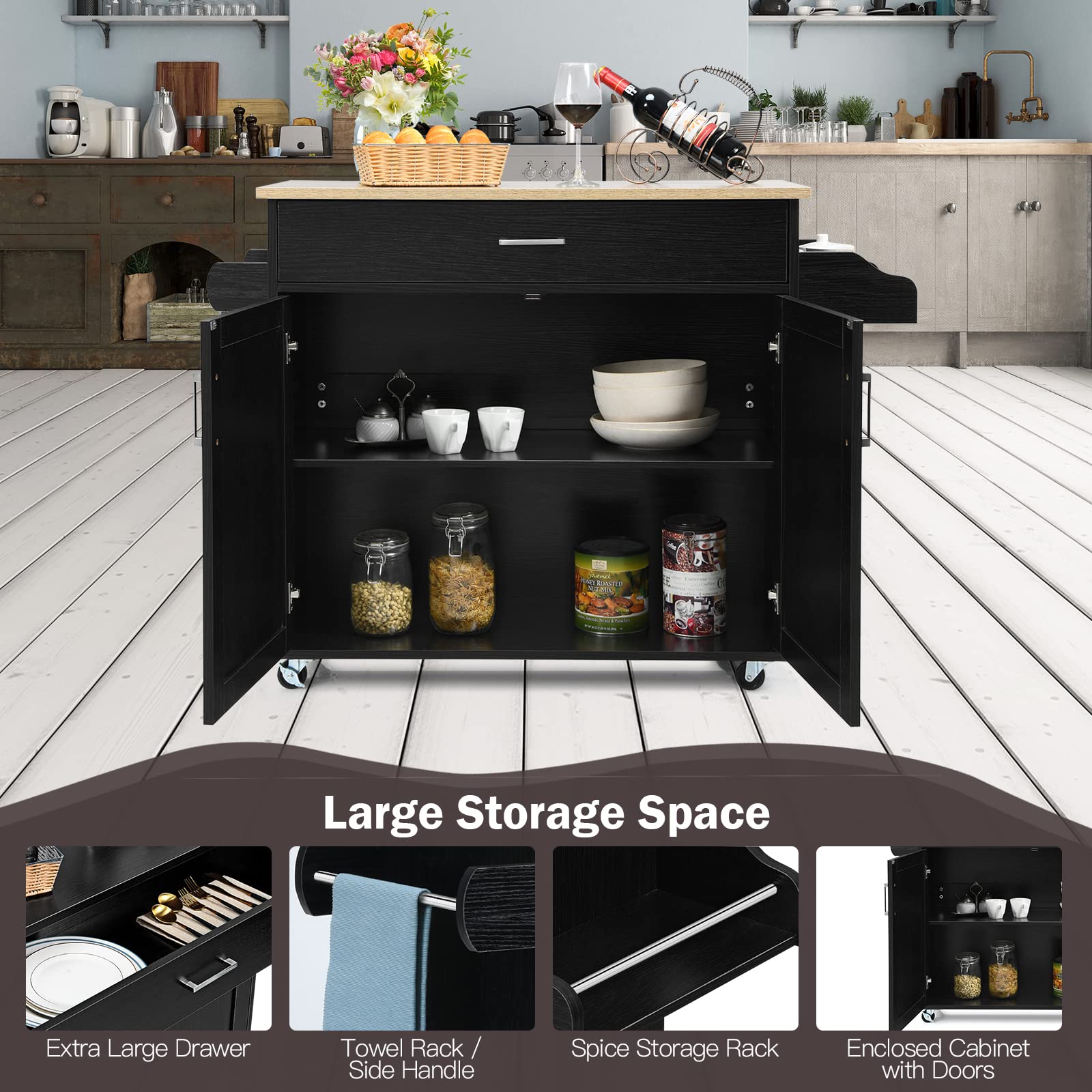 HAPPYGRILL Kitchen Island Cart with Wheels - Adjustable Shelf, Drawer, Spice Rack & 2-Door Cabinet - Mobile Kitchen Storage Trolley with Towel Holder - Wooden Rolling Cart for Dining Room & Small Spaces - Black    Perfect for small kitchens, apartment living, meal prep stations, buffet serving, and extra counter space in dining areas.