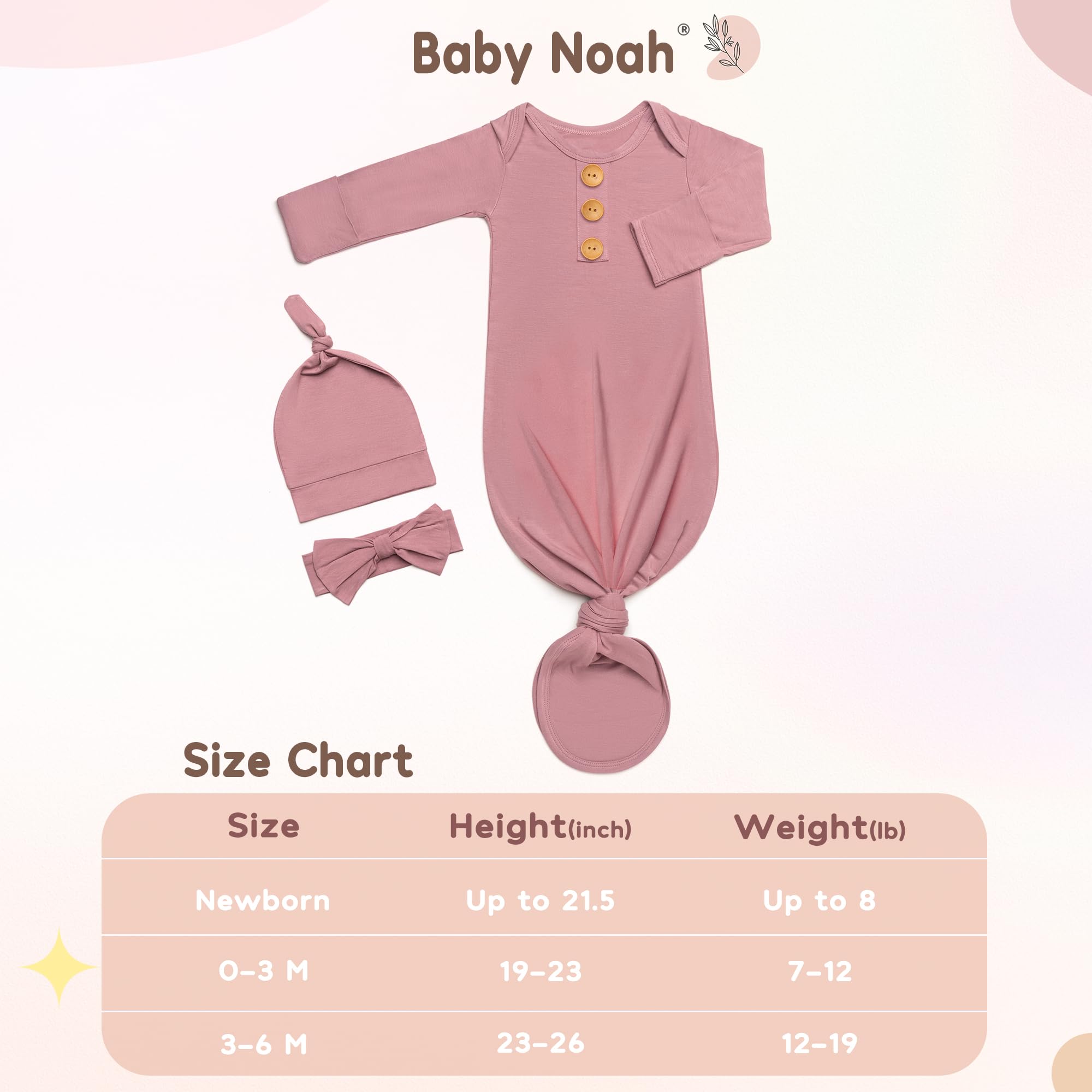 Soft Baby Knot Gown 0-3M - Newborn Sleepers with Mittens & Wooden Name Tag for Announcements & Gifts