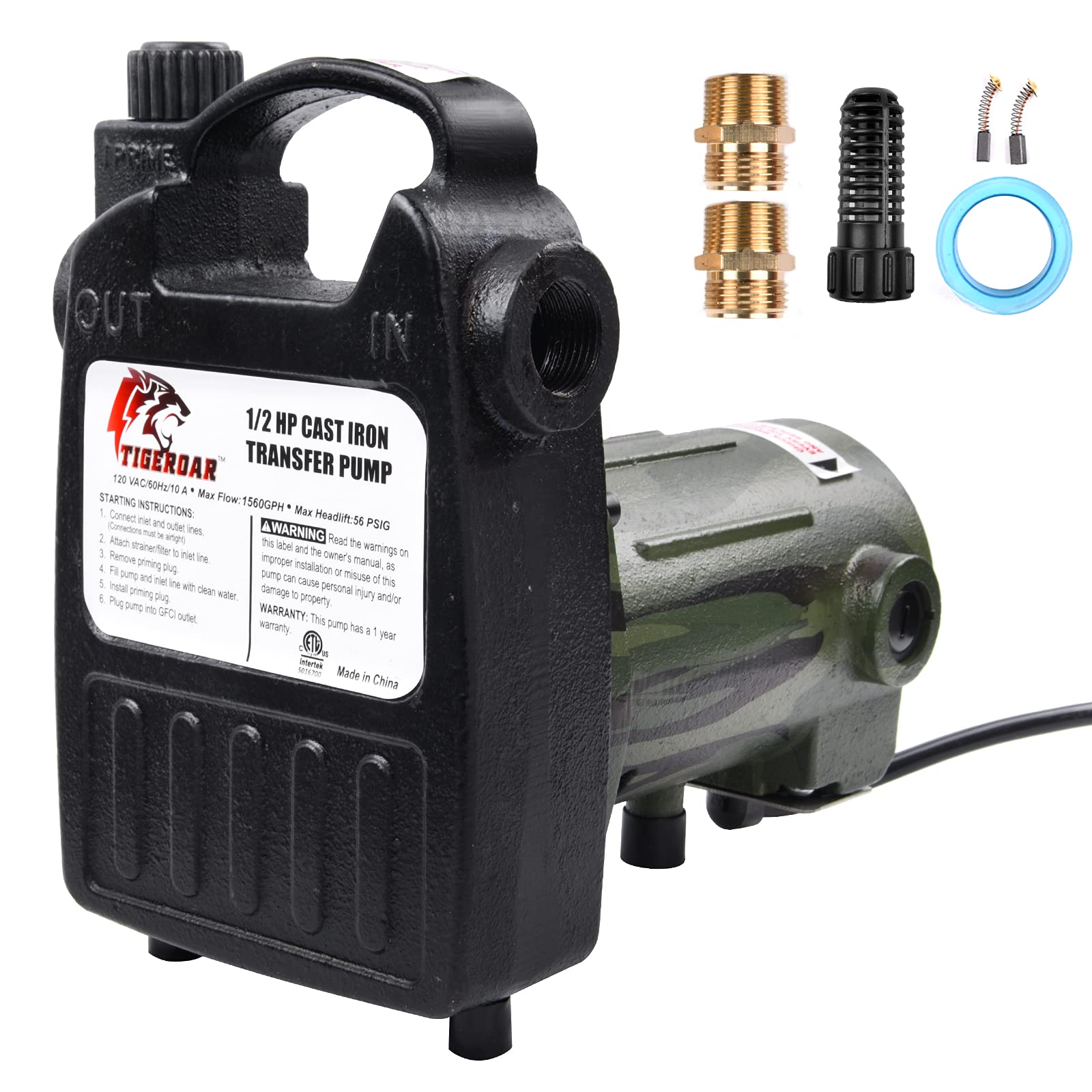 TIGEROAR 120V 1560 GPH 1/2 HP Portable Water Transfer Pump - Cast Iron Construction, 6 ft Power Cord - Ideal for Pool Draining, Flood Control, Irrigation & Water Transfer - Camouflage Color Design