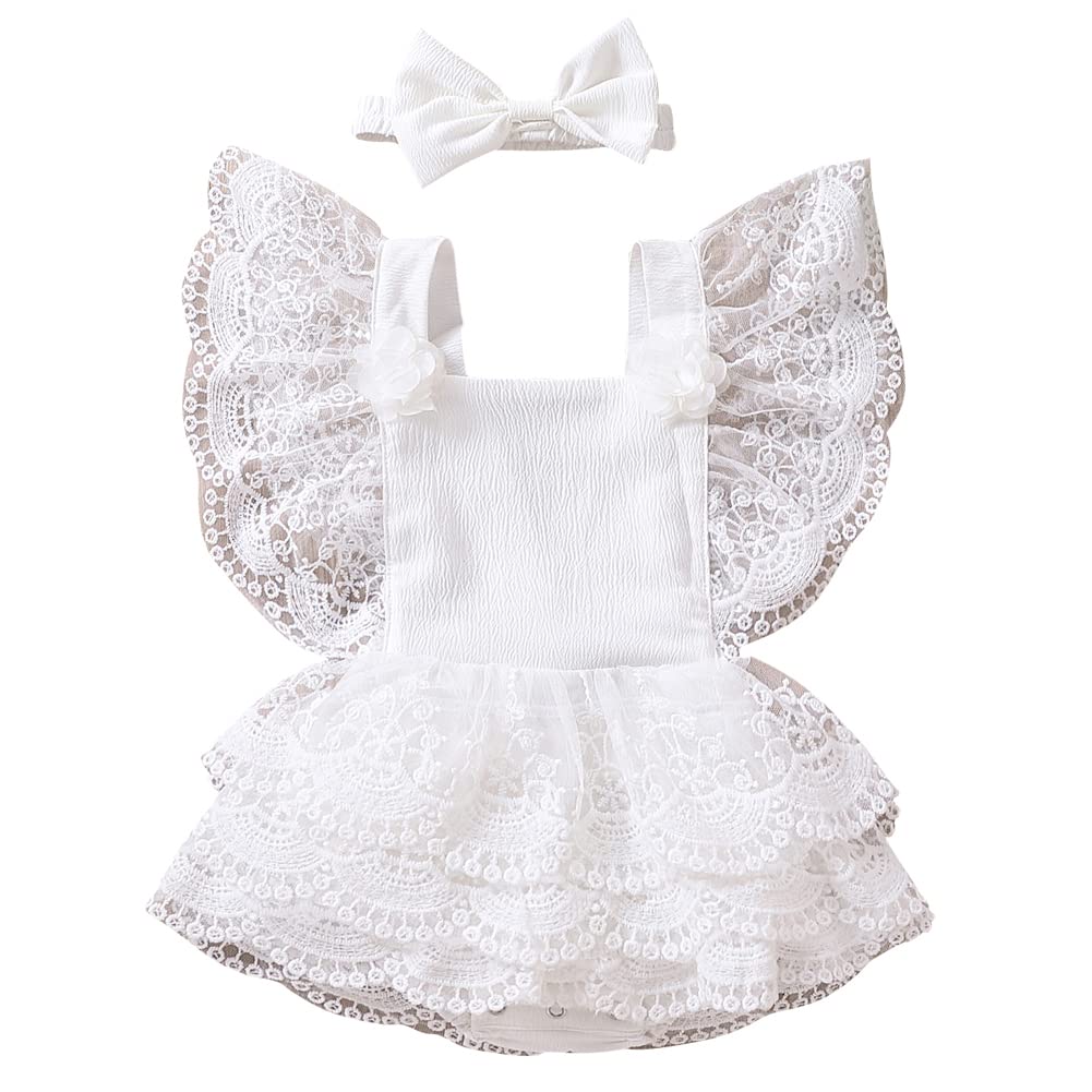 Newborn Baby Girl Princess Outfits - Lace Ruffle Tutu Dress Romper Jumpsuit with Flying Sleeves & Headband - Perfect for Photoshoots, Birthday Parties & Special Occasions