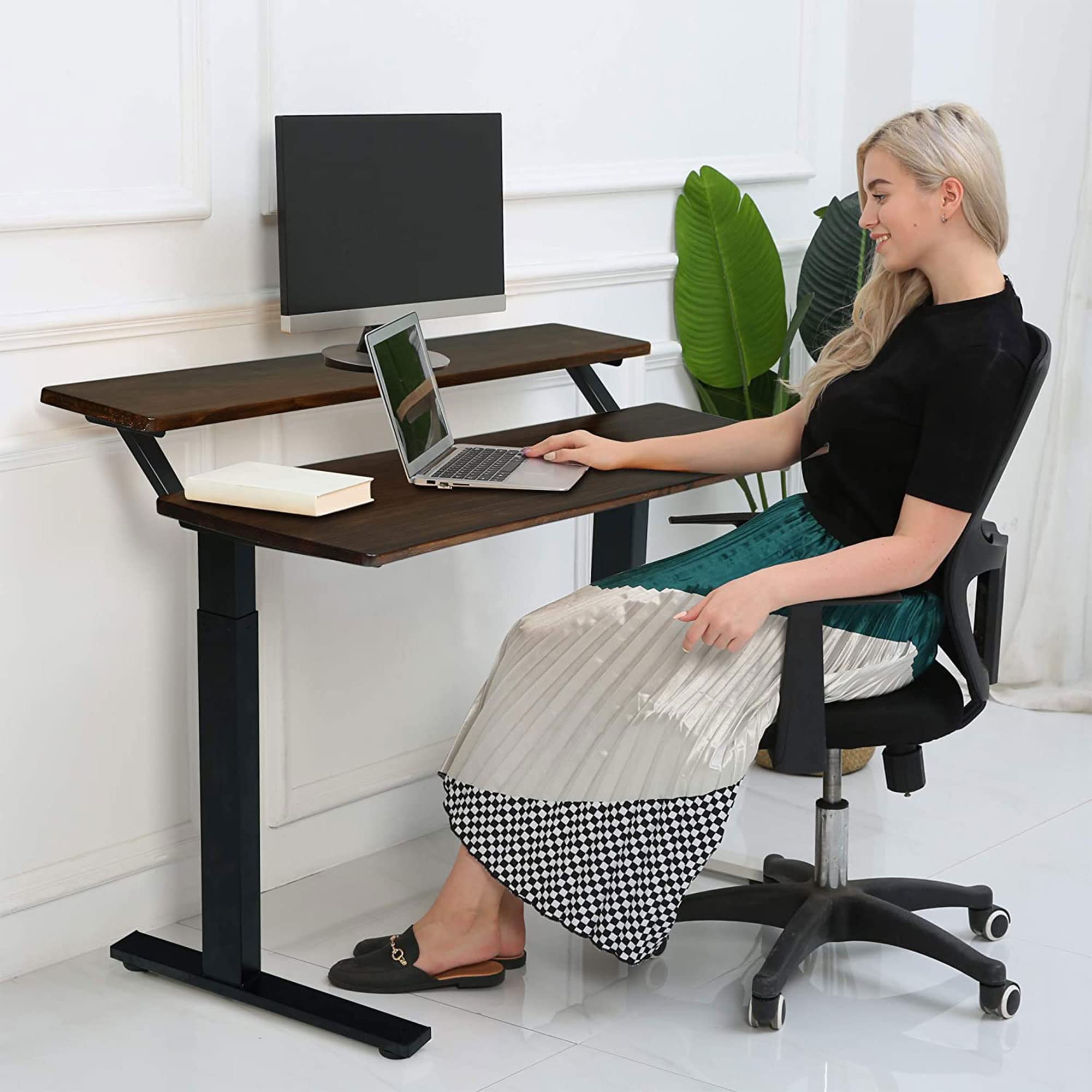 SDADI Adjustable Height 2-Tier Steel Frame Standing Desk with Crank Mechanism - White Frame & Light Wood Grain Top - Spacious Workspace for Dual Monitors - Perfect for Home Office, Gaming Setup & Workspace Ergonomics