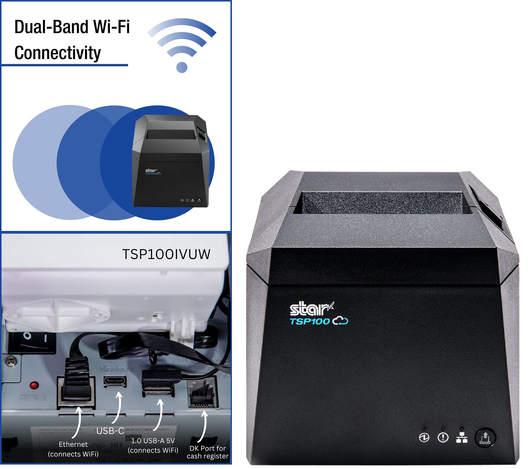 Star Micronics TSP143IVUW Wi-Fi USB-C Ethernet Thermal Receipt Printer with CloudPRNT, Auto Cutter & Internal Power Supply - Gray - Ideal for Retail, Restaurant & POS Systems