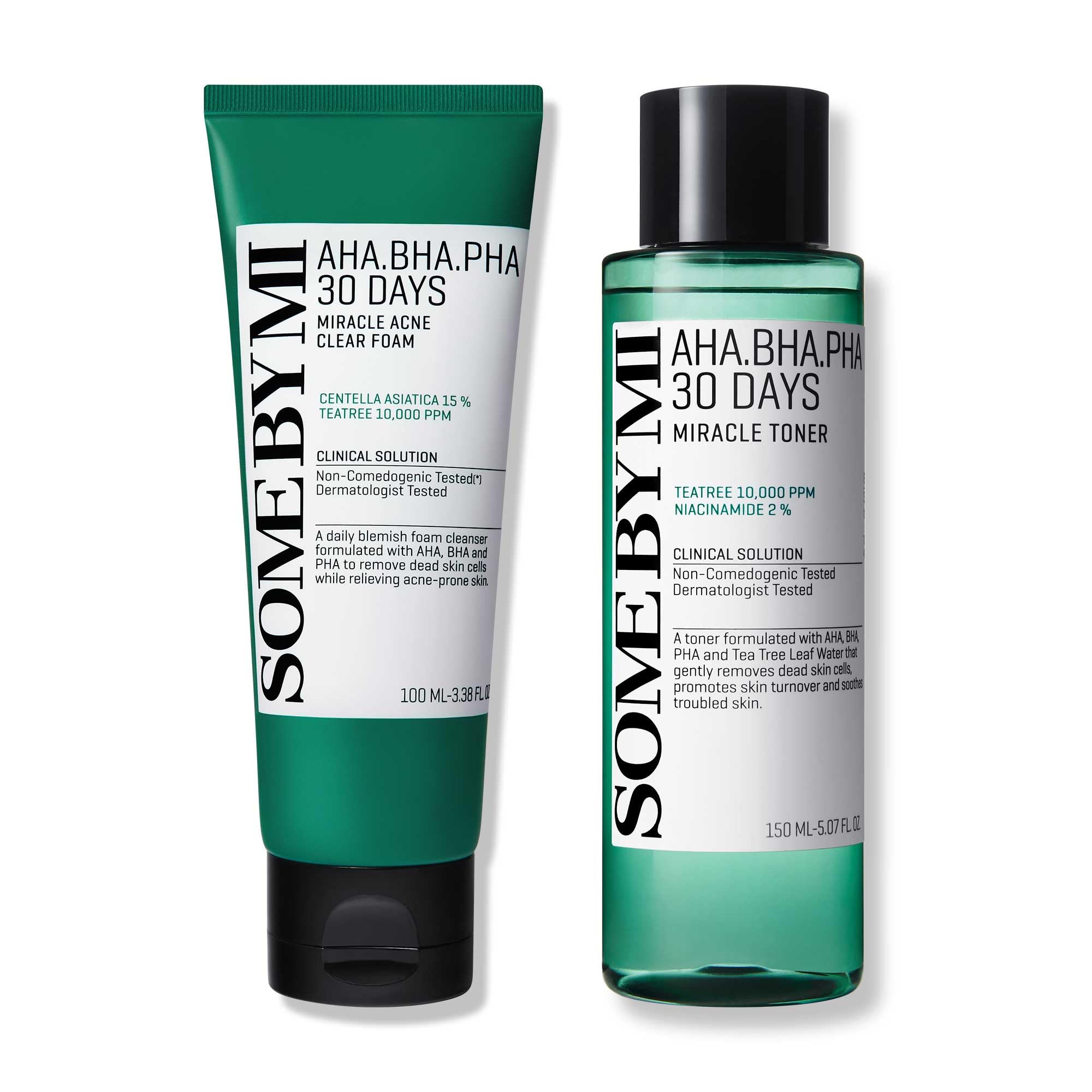 SOME BY MI AHA BHA PHA 30 Days Miracle Acne Clear Foam Cleanser & Toner Set (3.38oz + 5.07oz) - Tea Tree Leaf Extract for Sensitive Skin - Korean Skincare for Sebum Control & Dead Cell Removal - Perfect for Daily Acne-Prone Skin Care Routine