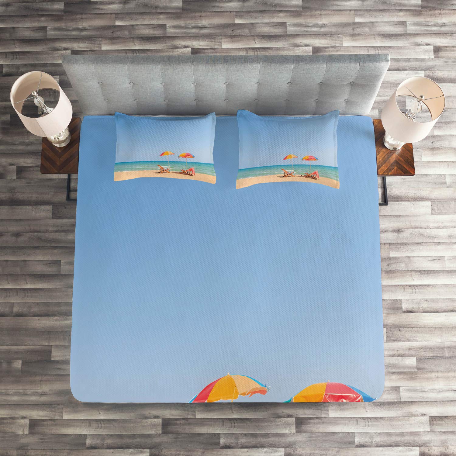 Ambesonne Seaside Quilt Set - King Size 3-Piece Beach Themed Bedspread with 2 Pillow Shams, Turquoise & Beige Coastal Decor | Perfect for Beach House, Vacation Rental or Coastal Inspired Bedroom