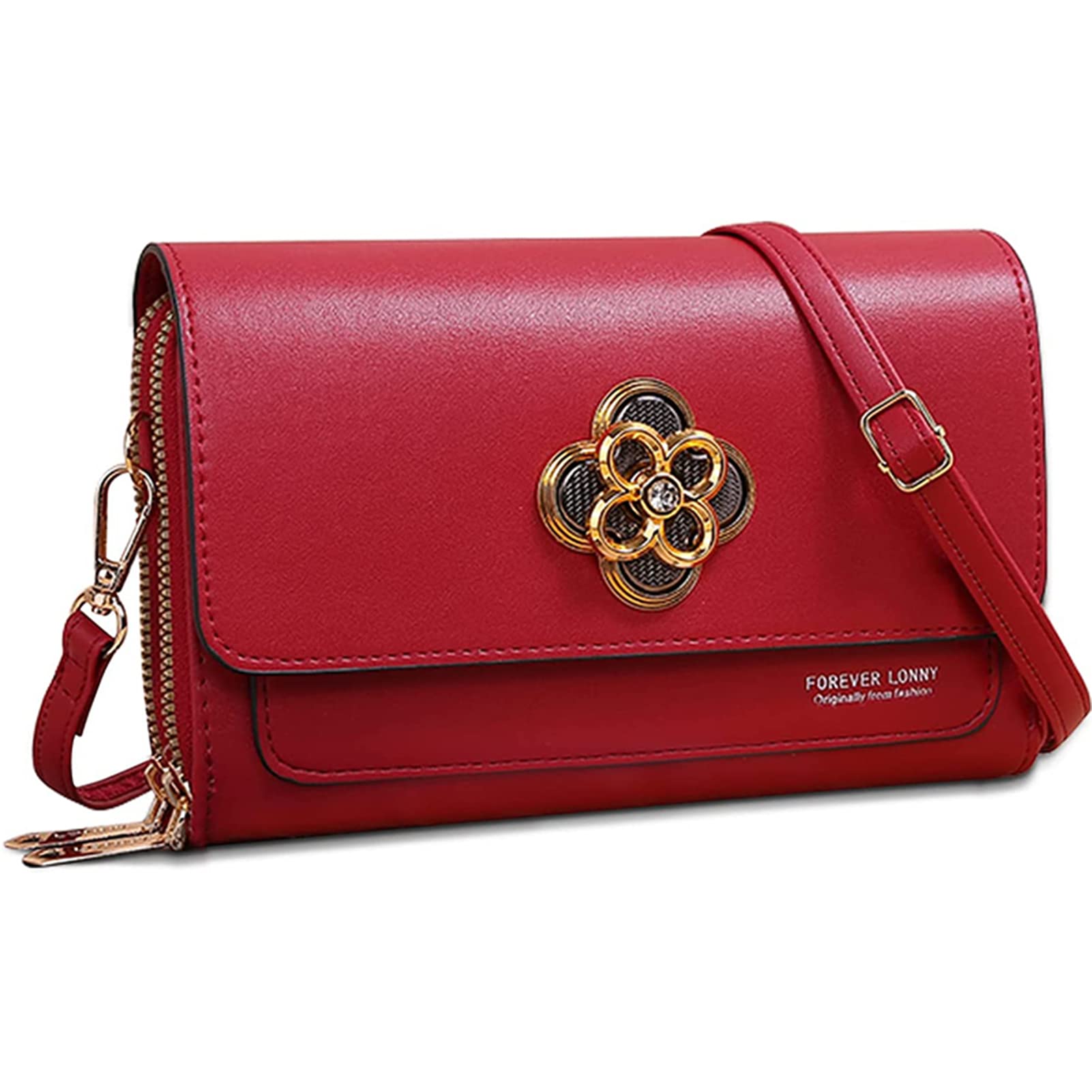 Women's Leather Crossbody Phone Bag - Small Shoulder Purse with Card Holder & Wallet - Stylish Clutch Handbag for Daily Use, Travel & Shopping (Red)