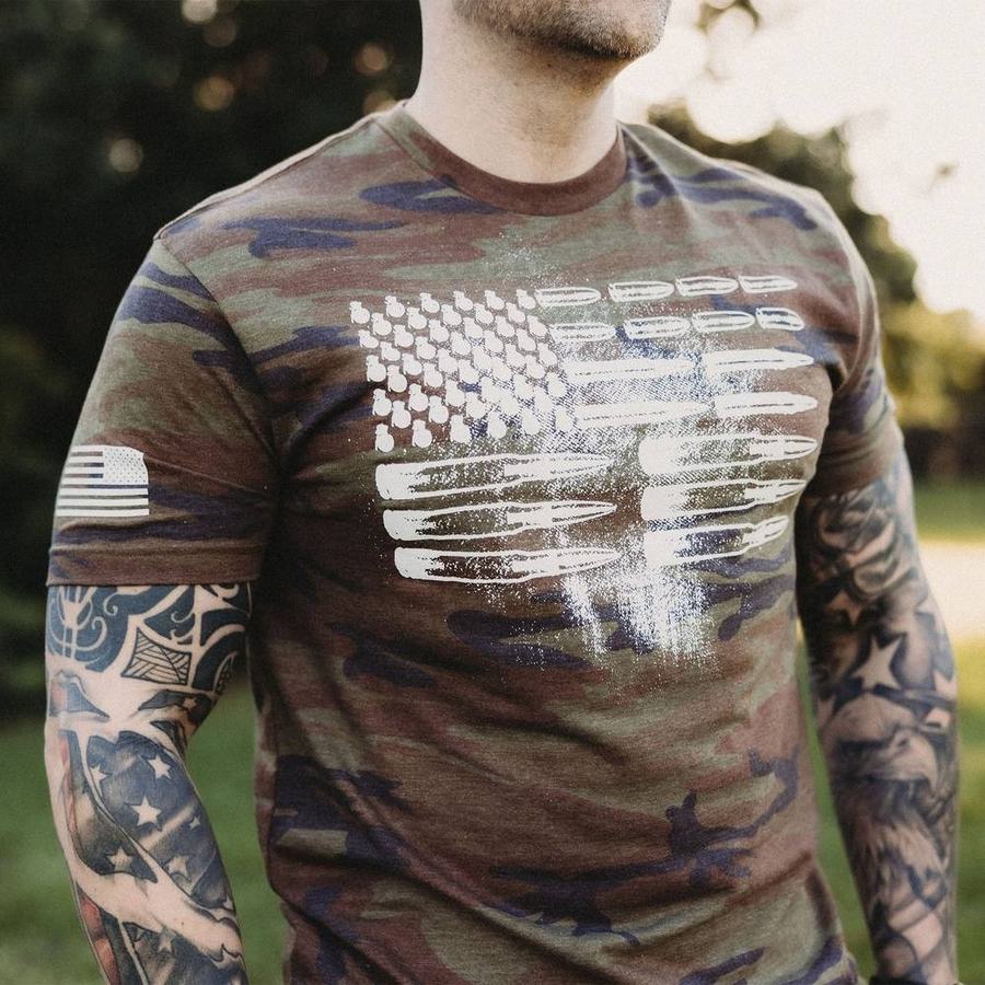 Men's Ammo Flag T-Shirt - Woodland Camo Military Style Tee for Outdoor, Hunting & Patriotic Events