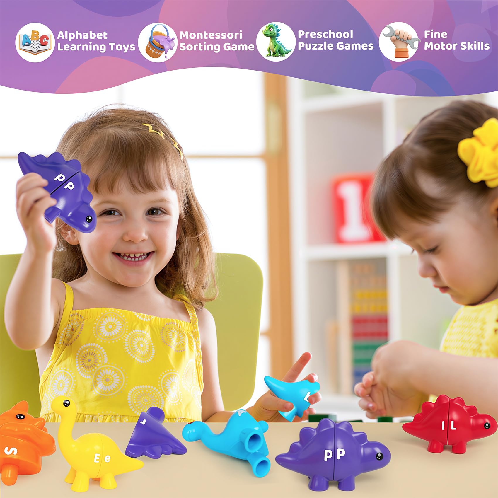 ABC Dinosaur Matching Game - 13PCS Montessori Learning Toys for Toddlers 3+ | Fine Motor Skills & Sensory Play