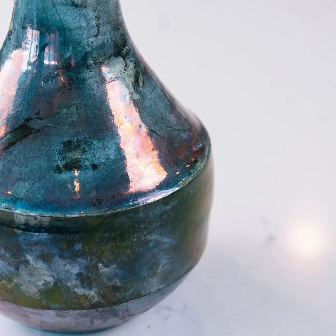Large Raku Decorative Pot - Turquoise, Copper & Green Ceramic Planter - Handcrafted Creative Collection for Home & Garden Decor