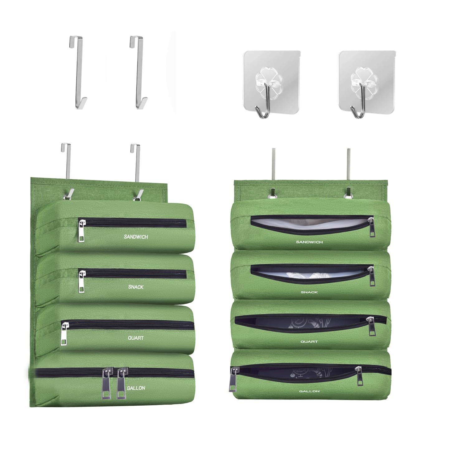 Zipper Bag Organizer for Kitchen, RV & Camping - Gallon, Quart, Sandwich & Snack Food Storage Bags | Plastic Bag Storage Solution (Green) - Perfect for Meal Prep, Travel & Home Organization