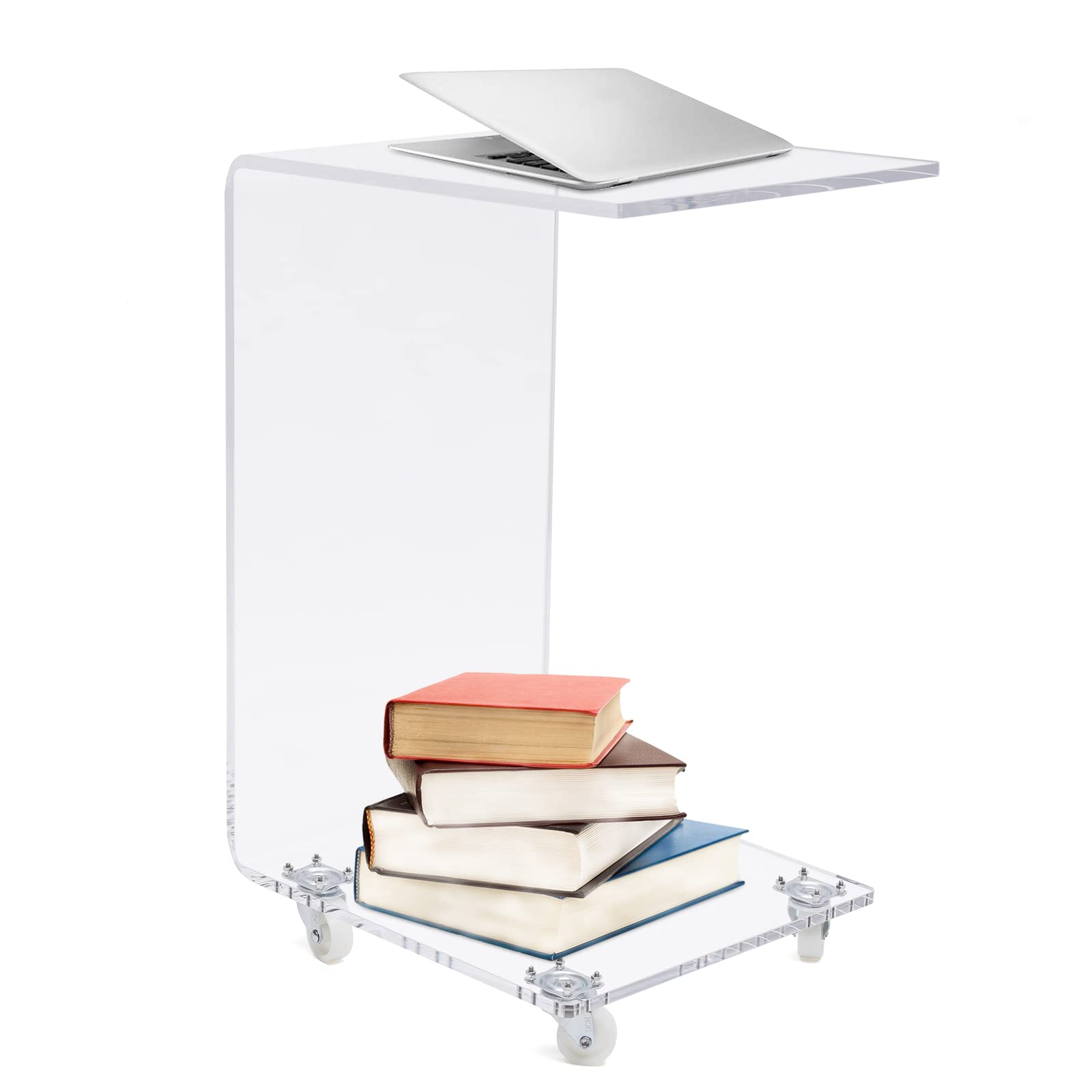 Clear Acrylic C-Shaped Rolling Table with 4 Wheels - 13x15x23 Inch Removable Transparent Bedside Table, Multipurpose Sofa Desk & Snack Tray - Perfect for Living Room, Bedroom, Office & Small Space Furniture