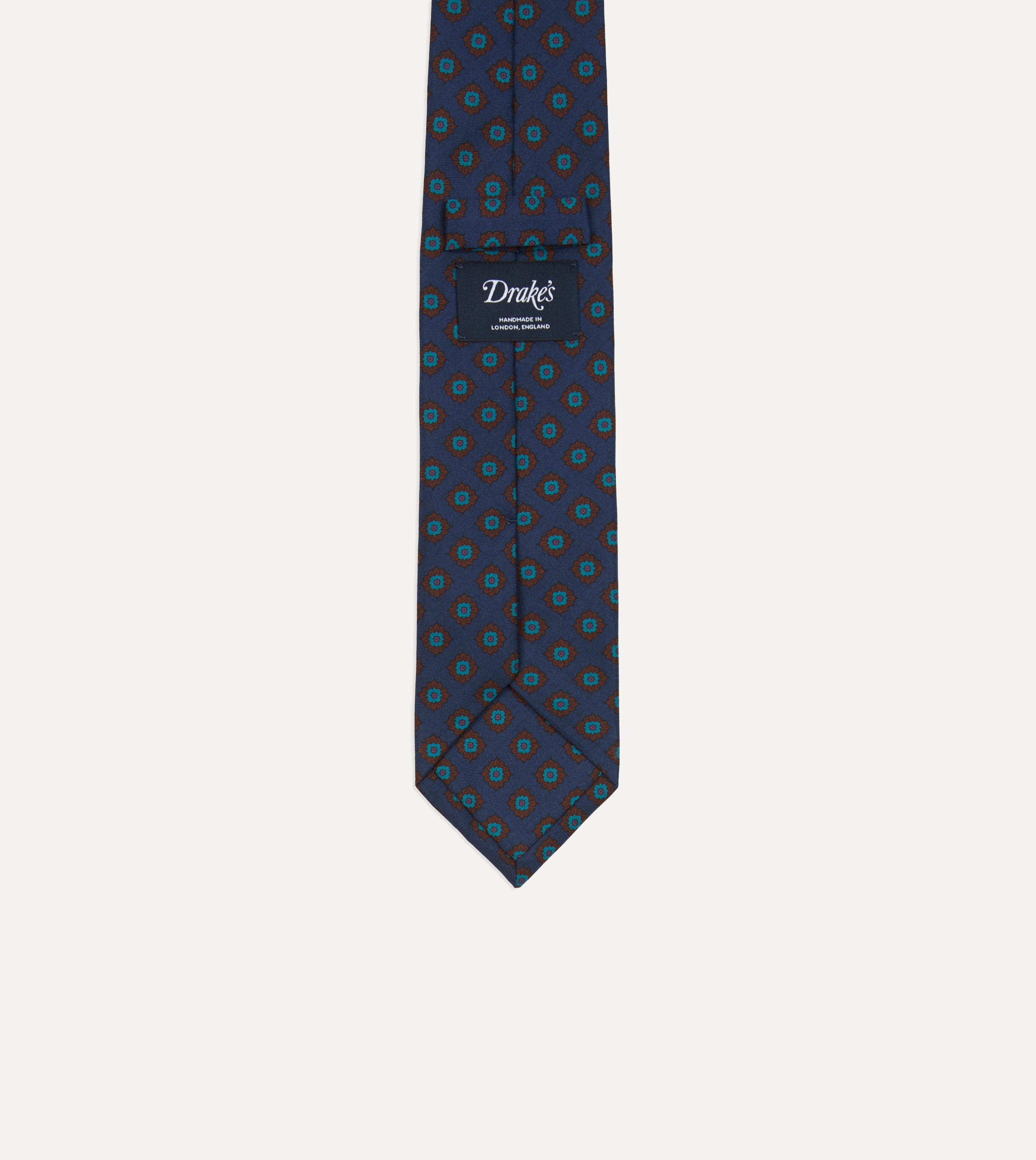Navy Blue Silk Necktie with Square Flower Medallion Print - Elegant Self-Tipped Design for Business, Weddings & Formal Occasions