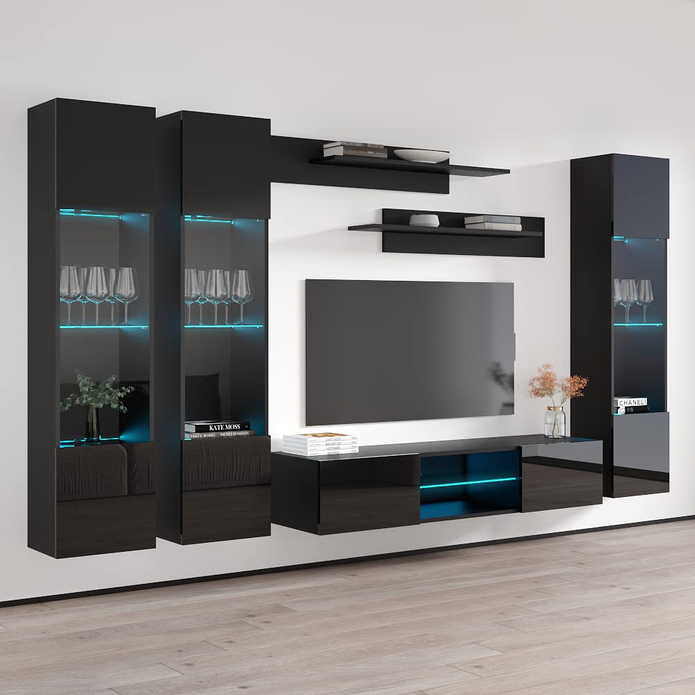 Modern Floating TV Stand with Storage & LED Lights - Wall-Mounted Entertainment Center for Bedroom & Living Room - Black TV Console with Shelves for 33
