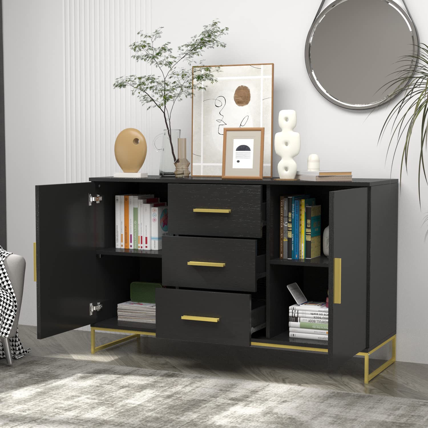 Modern Sideboard Buffet Cabinet with 3 Drawers & 2 Doors - Wood Storage Console with Metal Legs for Living Room, Dining Room & Entryway - Black (47.2