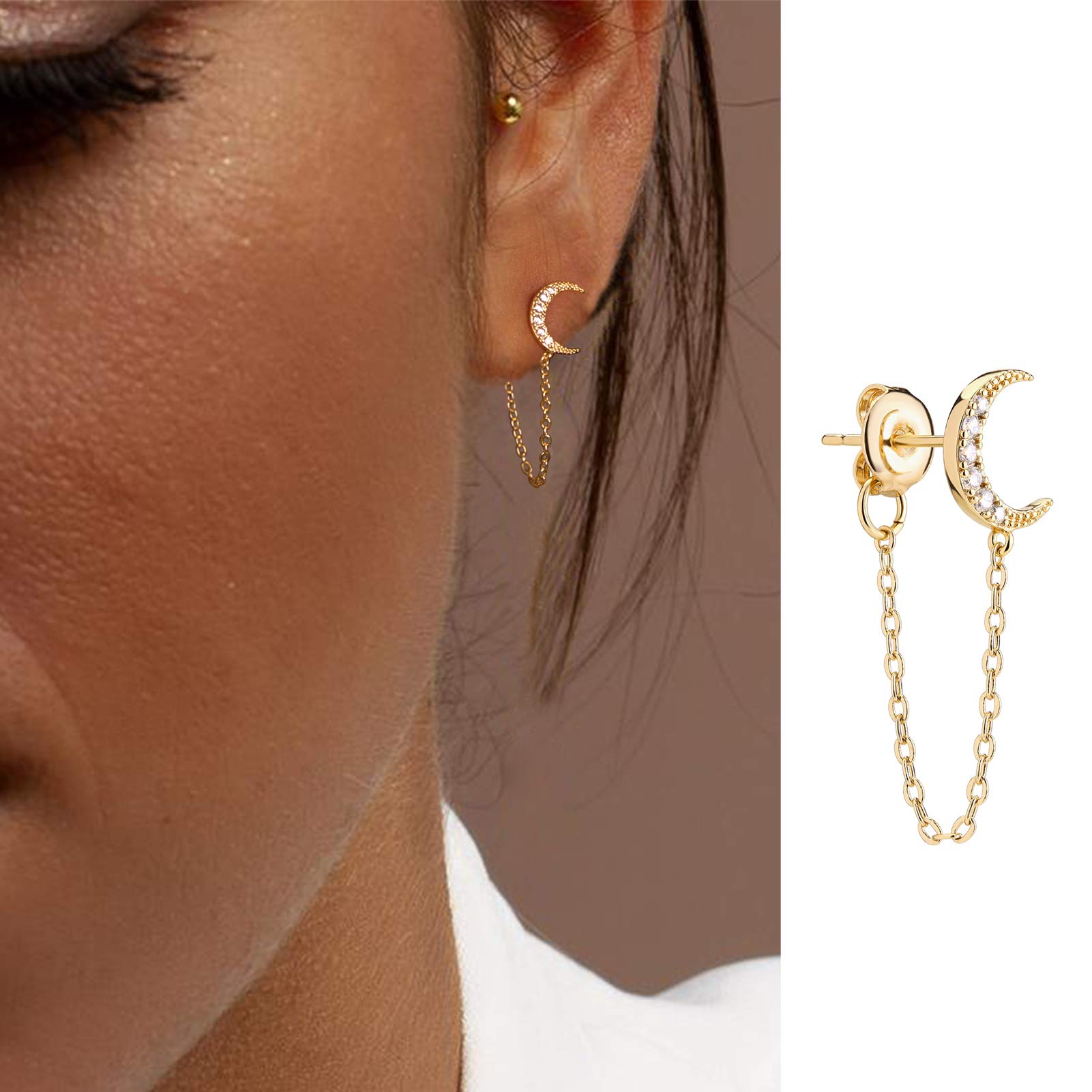 14K Gold Plated Dainty Cubic Zirconia Chain Stud Earrings for Women - Hypoallergenic Small Dangle Earrings with Elegant Chain - Perfect Gift for Birthday, Anniversary & Everyday Wear