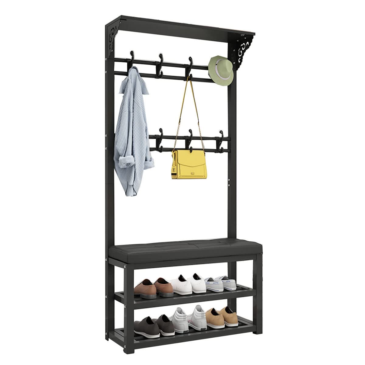 OTBK 3-in-1 Entryway Hall Tree with Shoe Bench & Metal Frame - 60x30x172CM Coat Rack with Storage for Shoes, Bags, Umbrellas & Boots (Black) - Perfect for Small Spaces, Apartments & Organized Home Entryways