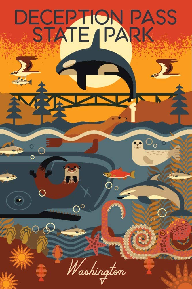 Deception Pass State Park Washington Geometric 112042 - 24x36 Signed Art Print Poster, Wall Decor for Living Room, Bedroom & Office | Nature Landscape Wall Art, Home Decor Gift