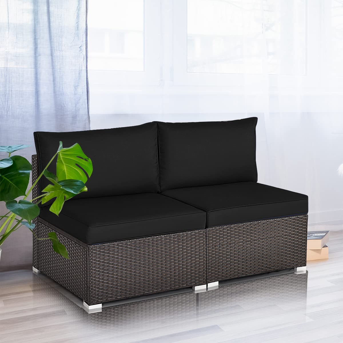 Tangkula 2-Piece Outdoor Wicker Armless Sofa Set with Thick Cushions - Patio Rattan Sectional Furniture for Garden, Balcony & Poolside (Brown) | Perfect for Relaxing, Entertaining & Sunbathing