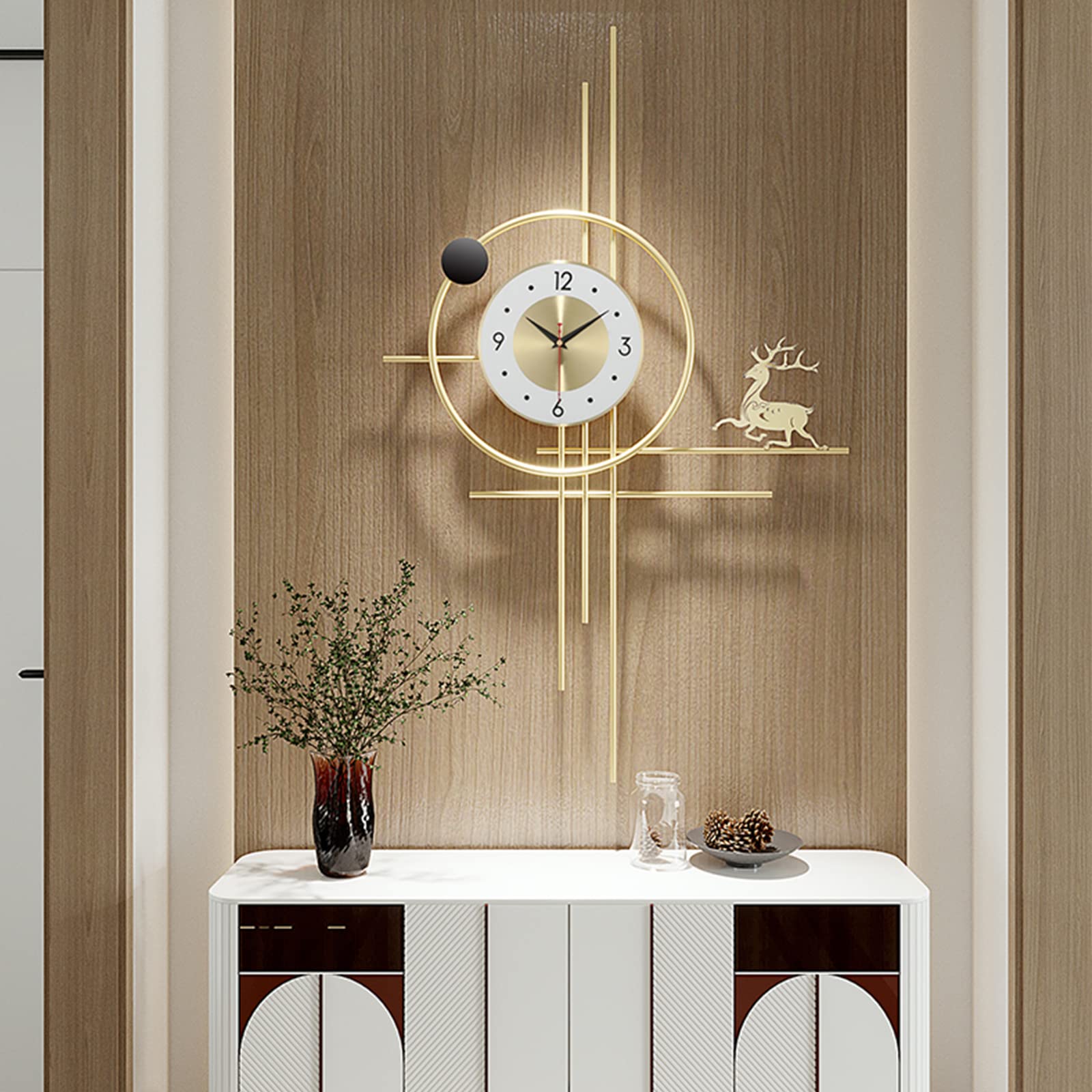 Large Wall Clocks Nordic Style - Silent Non-Ticking Metal Elk Wall Clock for Living Room, Bedroom, Dining Room - Modern Home Decor with Golden Finish | Perfect for Farmhouse, Scandinavian & Minimalist Interior Design