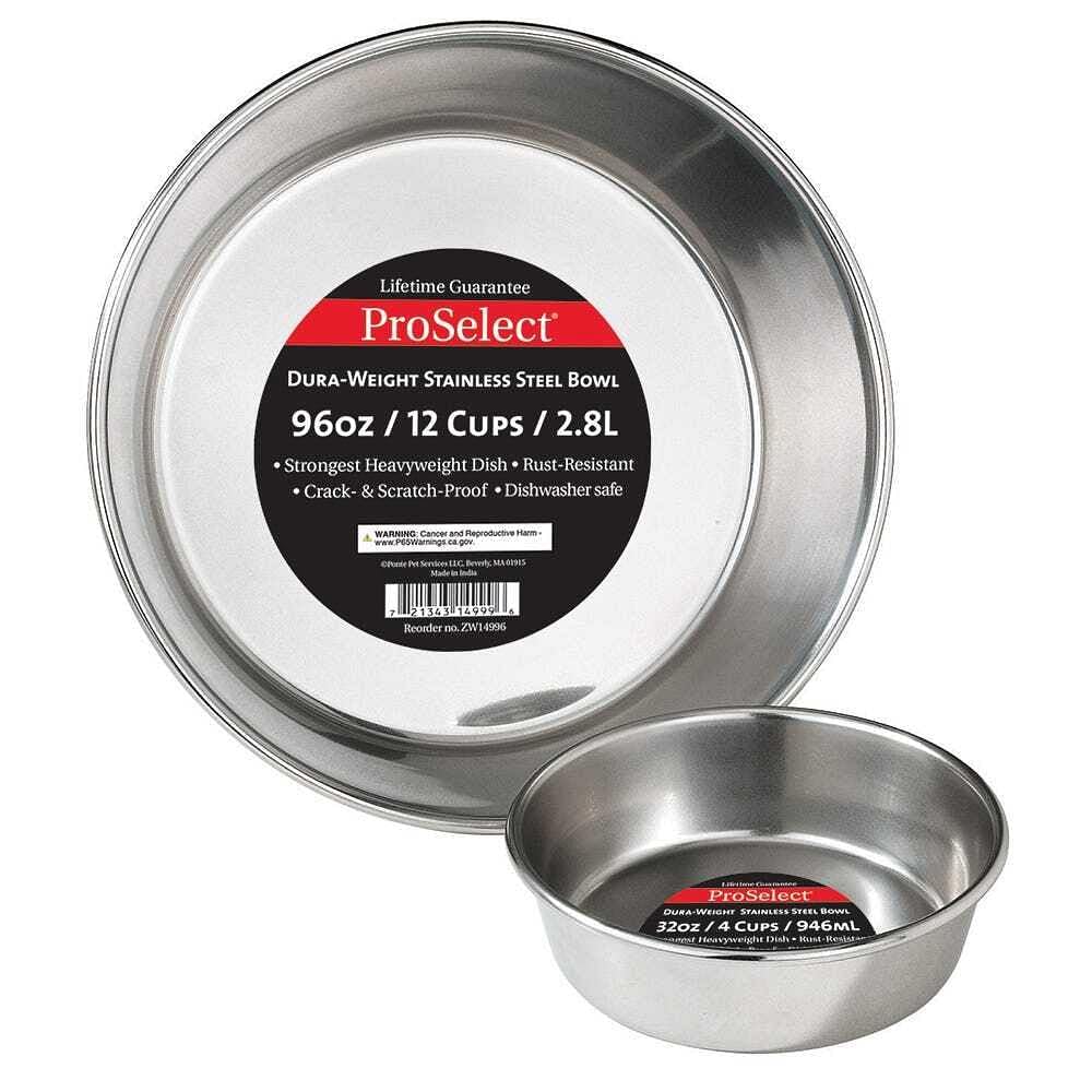 ProSelect Dura-Weight Stainless Steel Pet Bowls - 2-Quart Heavy Duty Dog & Cat Food Dishes for Everyday Feeding, Travel & Outdoor Use