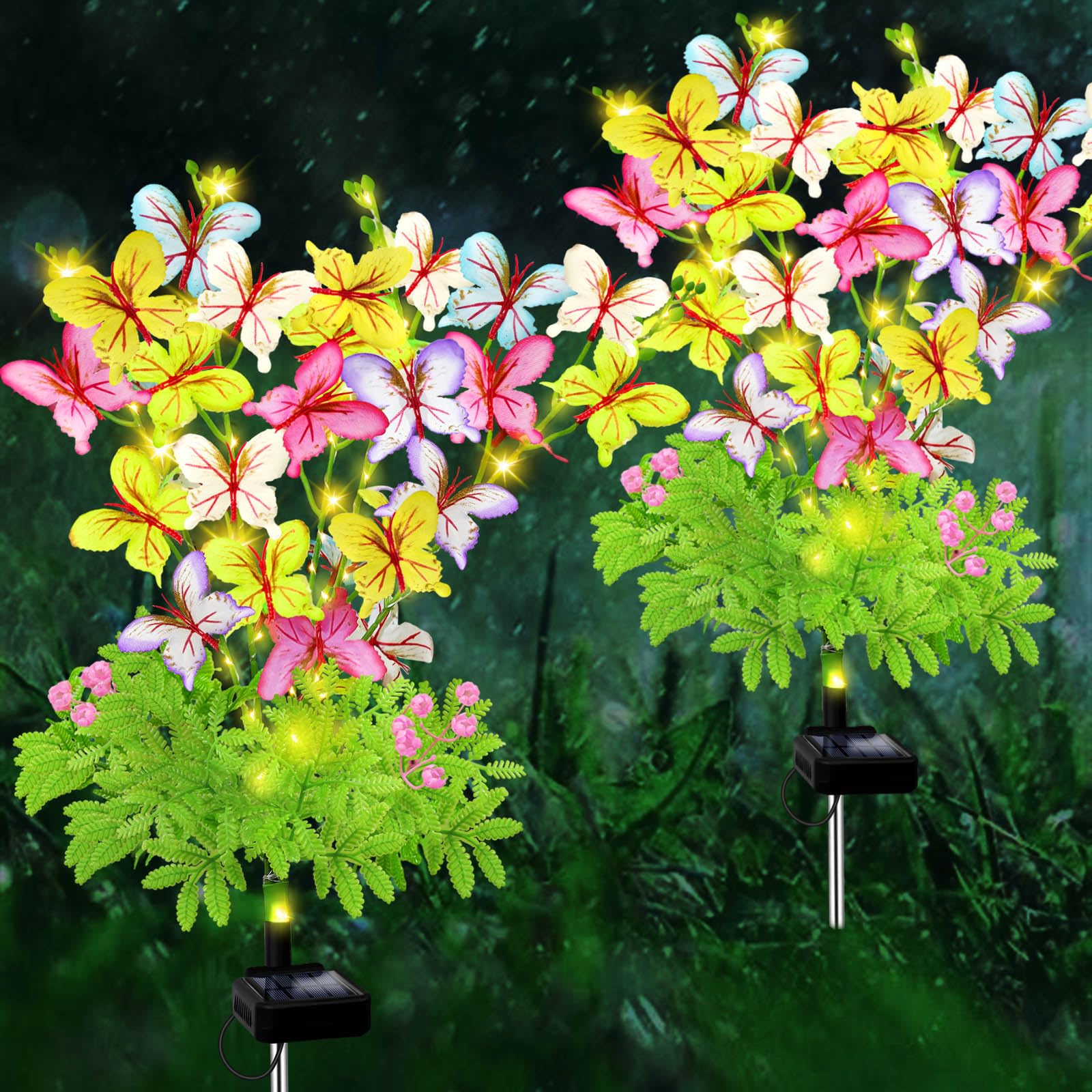 Solar Powered Garden Lights Outdoor - 2 Pack Butterfly Flower Solar Lights, Waterproof Fairy Garden Decor for Patio, Yard, Pathway - Perfect for Summer Decoration, Gardening Gifts for Women & Mother's Day - Ideal for Backyard, Lawn, Walkway & Landscape Lighting