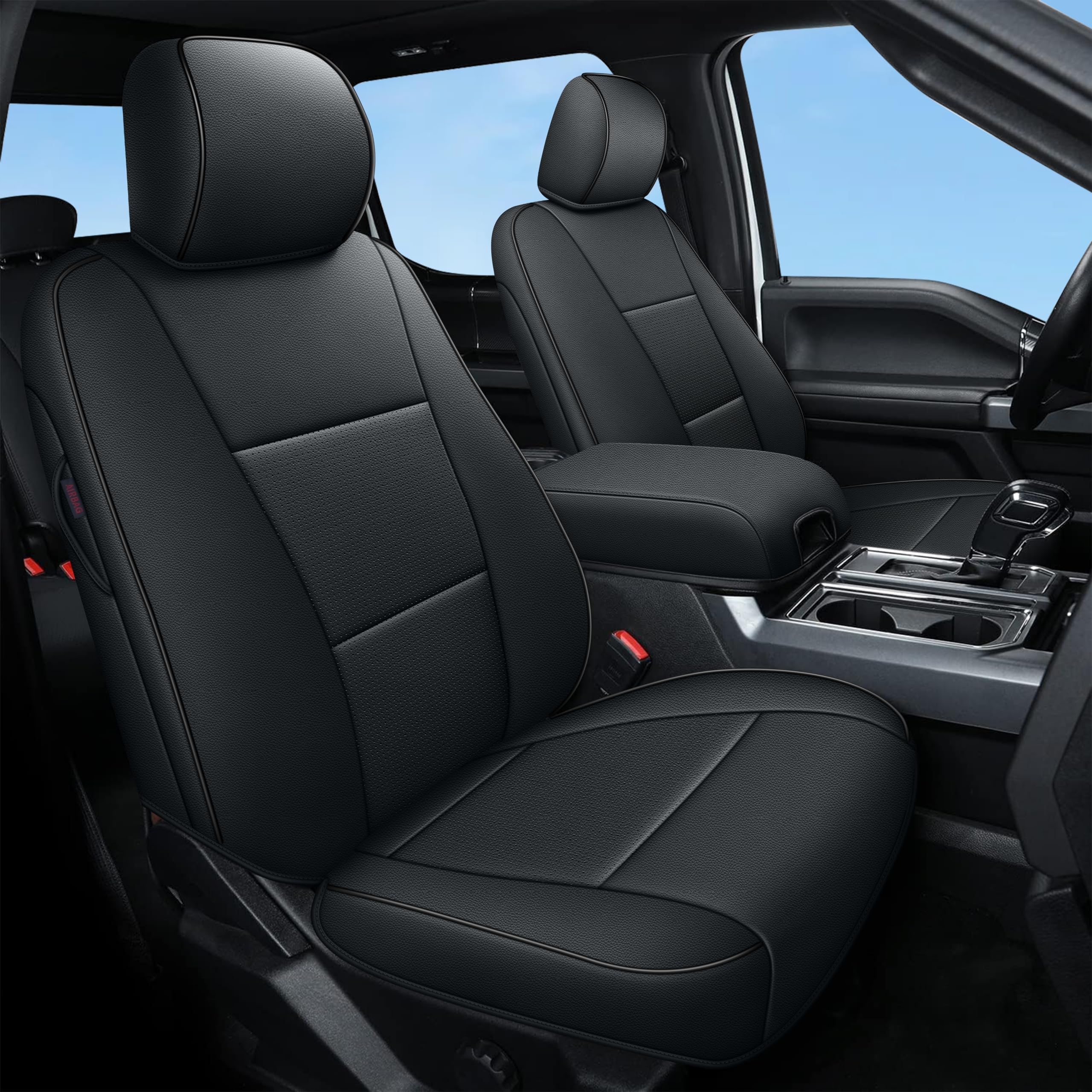 AOMSAZTO Faux Leather Seat Covers for Ford F150 XL XLT (2015-2025) & F250/F350/F450 Super Duty (2017-2025) - Black 2-Piece Front Set - Durable Protection & Comfort Upgrade for Truck Drivers