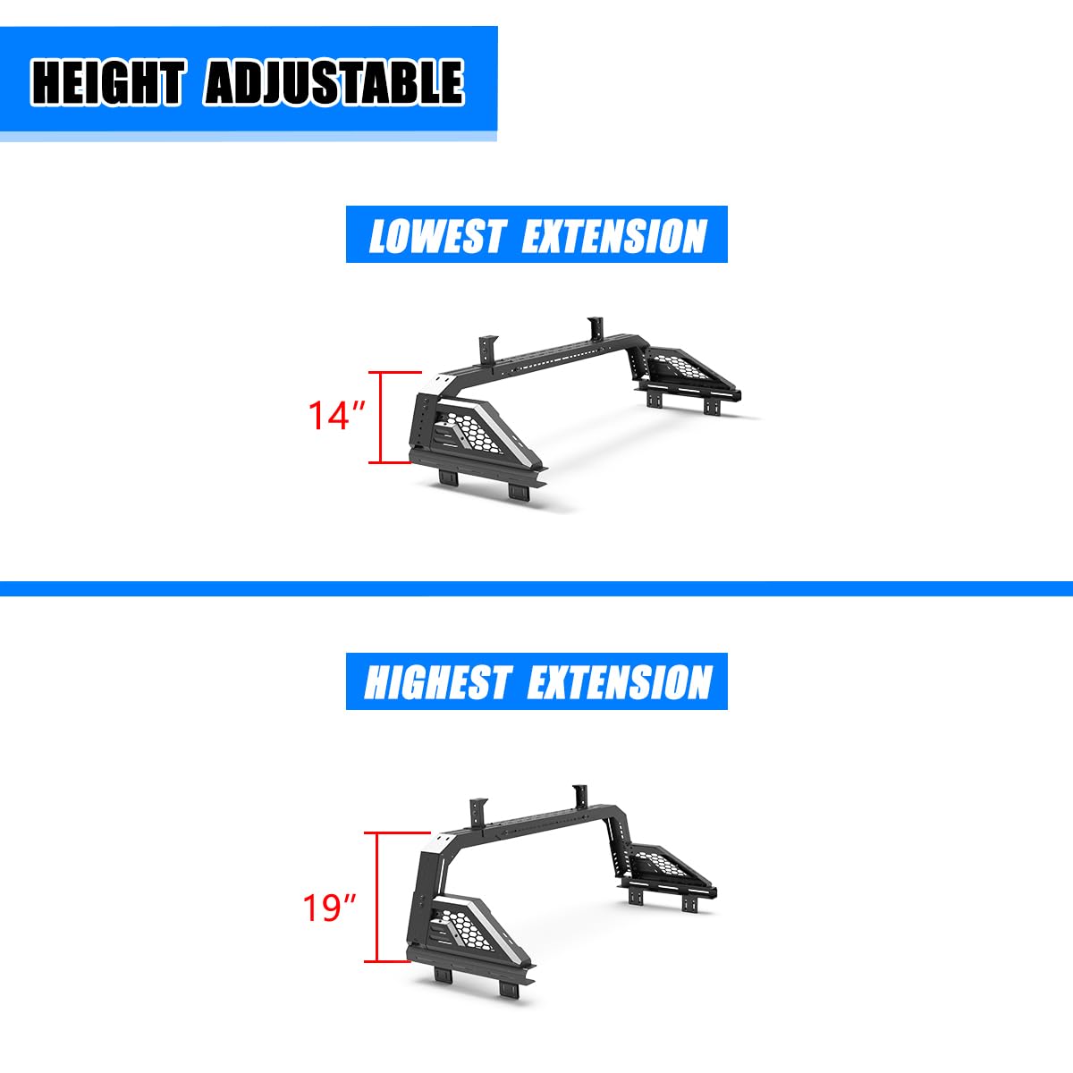 Adjustable Sport Bar Roll Bar for Mid-Size Pickup Trucks - Compatible with 1994-2004 Chevy S10, GMC Sonoma, 2005-2025 Toyota Tacoma & Nissan Frontier - Heavy Duty Chase Rack with LED Light Mounting Bracket - Perfect for Off-Roading, Camping & Truck Customization