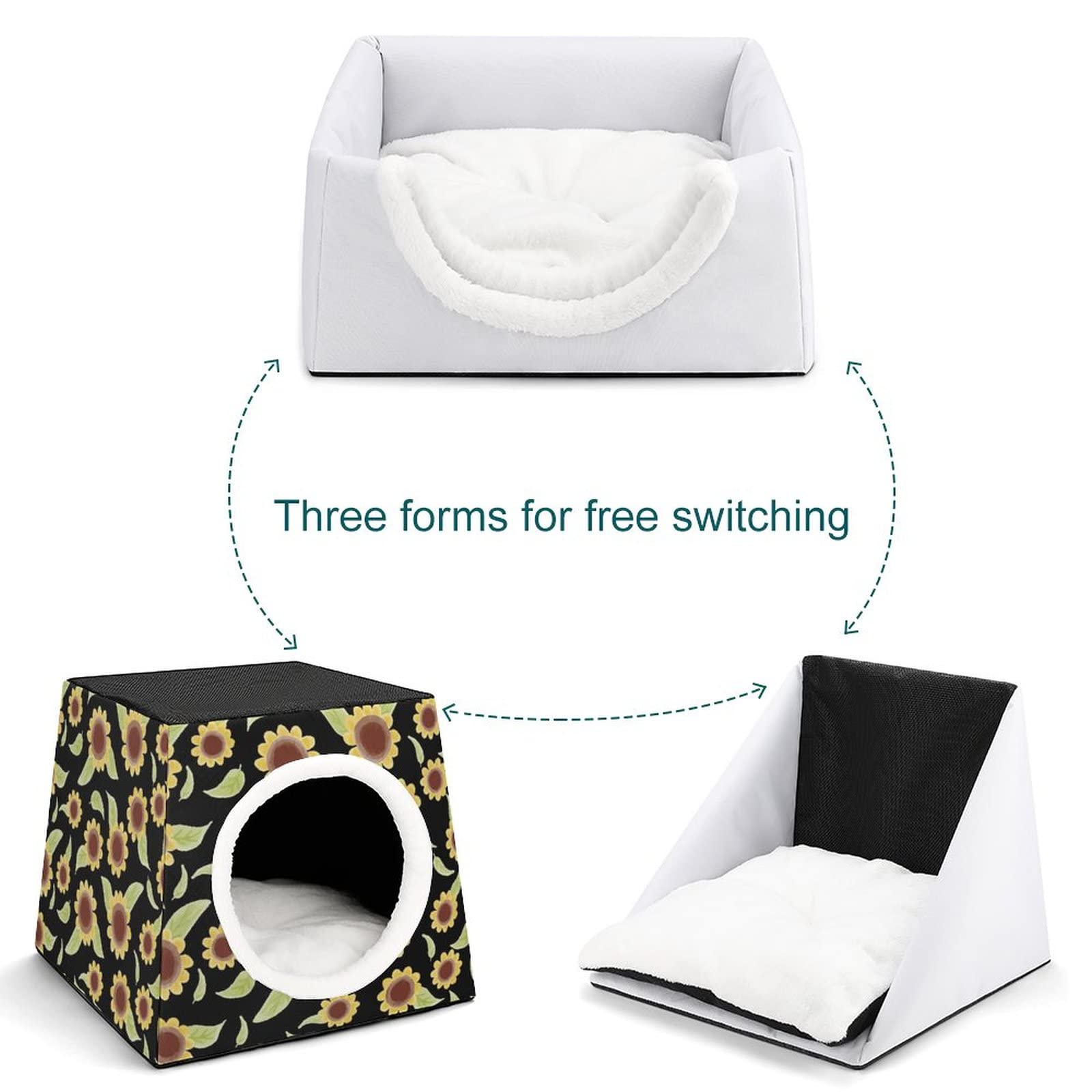 Printed Cat Houses & Condos - Foldable Cat Cube Bed with Removable Sunflower Pillow - Cozy Pet Sofa for Indoor Cats - Perfect for Napping, Playing & Relaxing in Home