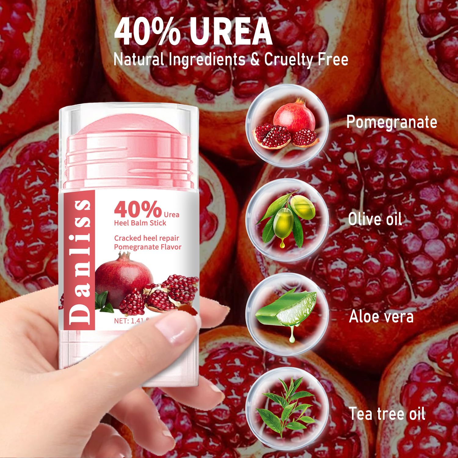 40% Urea Heel Balm Stick - Intensive Cracked Foot Repair Cream for Calluses, Dry Feet & Cracked Heels | Soothing Moisturizer & Callus Remover | 1.41 Oz Pomegranate Flavor | Perfect for Pedicures, Foot Care & Overnight Treatment