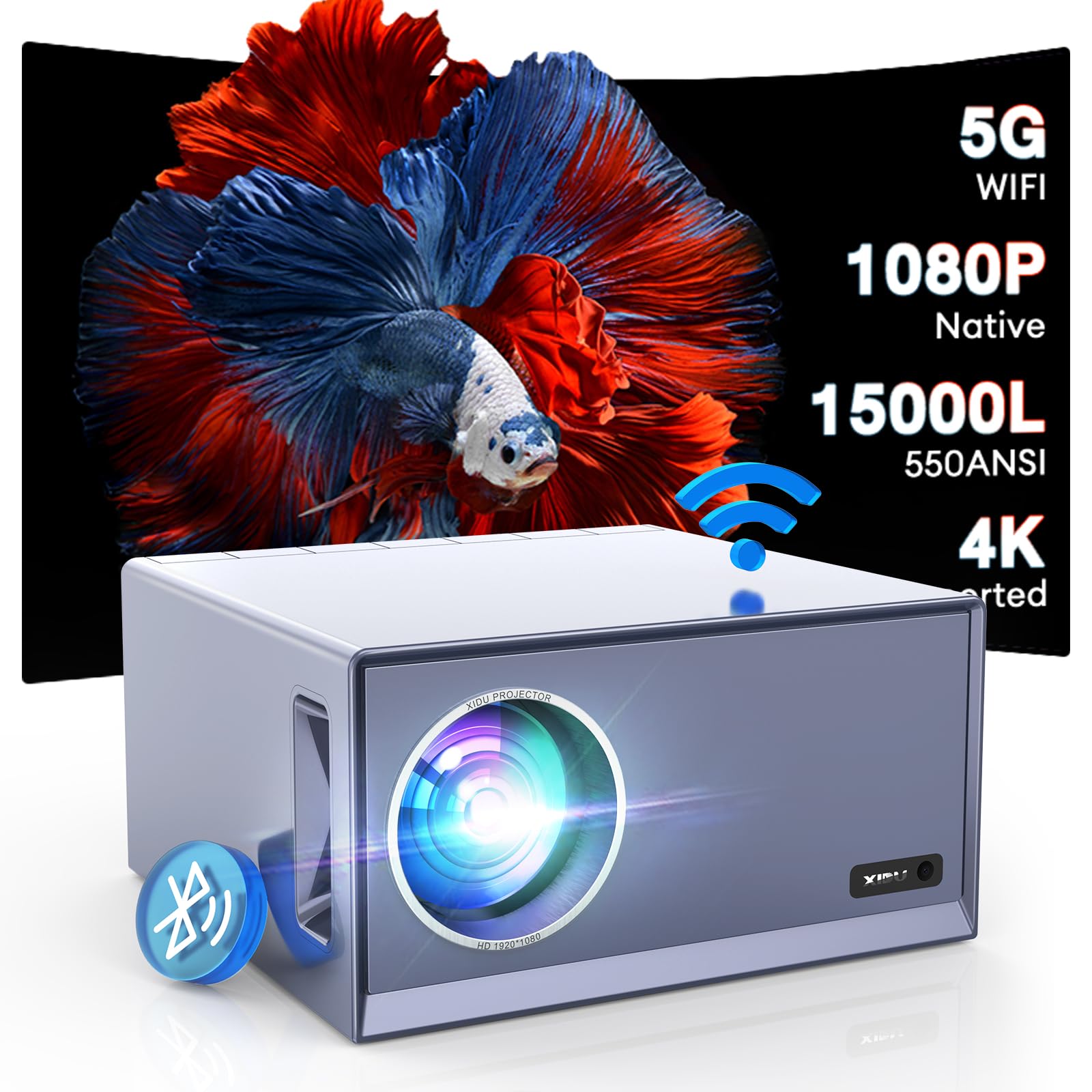 XIDU 5G WiFi Bluetooth Projector - 4K Support, 550 ANSI 15000 Lumen FHD 1080P Home Theater & Outdoor Movie Projector with 4D/4P Keystone Correction & Zoom - Compatible with TV Stick, Laptop, iOS, Android, PS5 - Perfect for Home Cinema, Backyard Movies, Gaming and Presentations