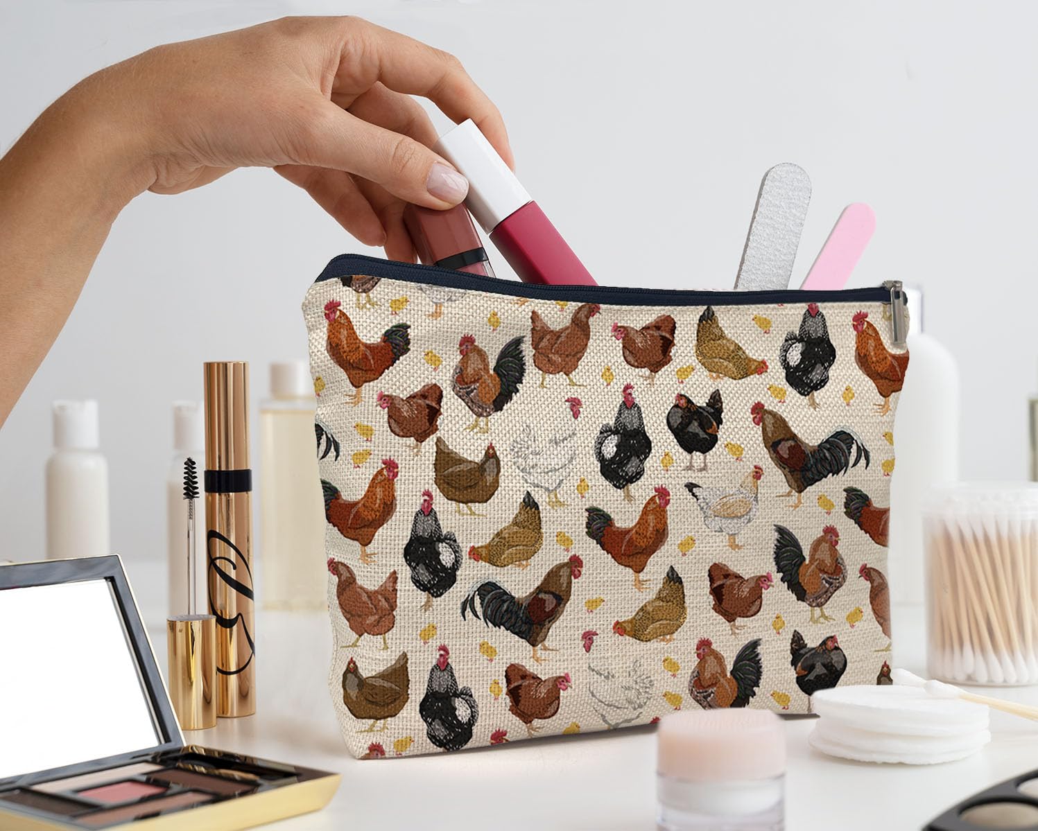 Stylish IWXYI Chicken Print Makeup Bag - Waterproof Zipper Pouch for Cosmetics, Travel Toiletry Organizer | Perfect Gift for Women & Chicken Lovers | Great for Travel, Gym, and Daily Use