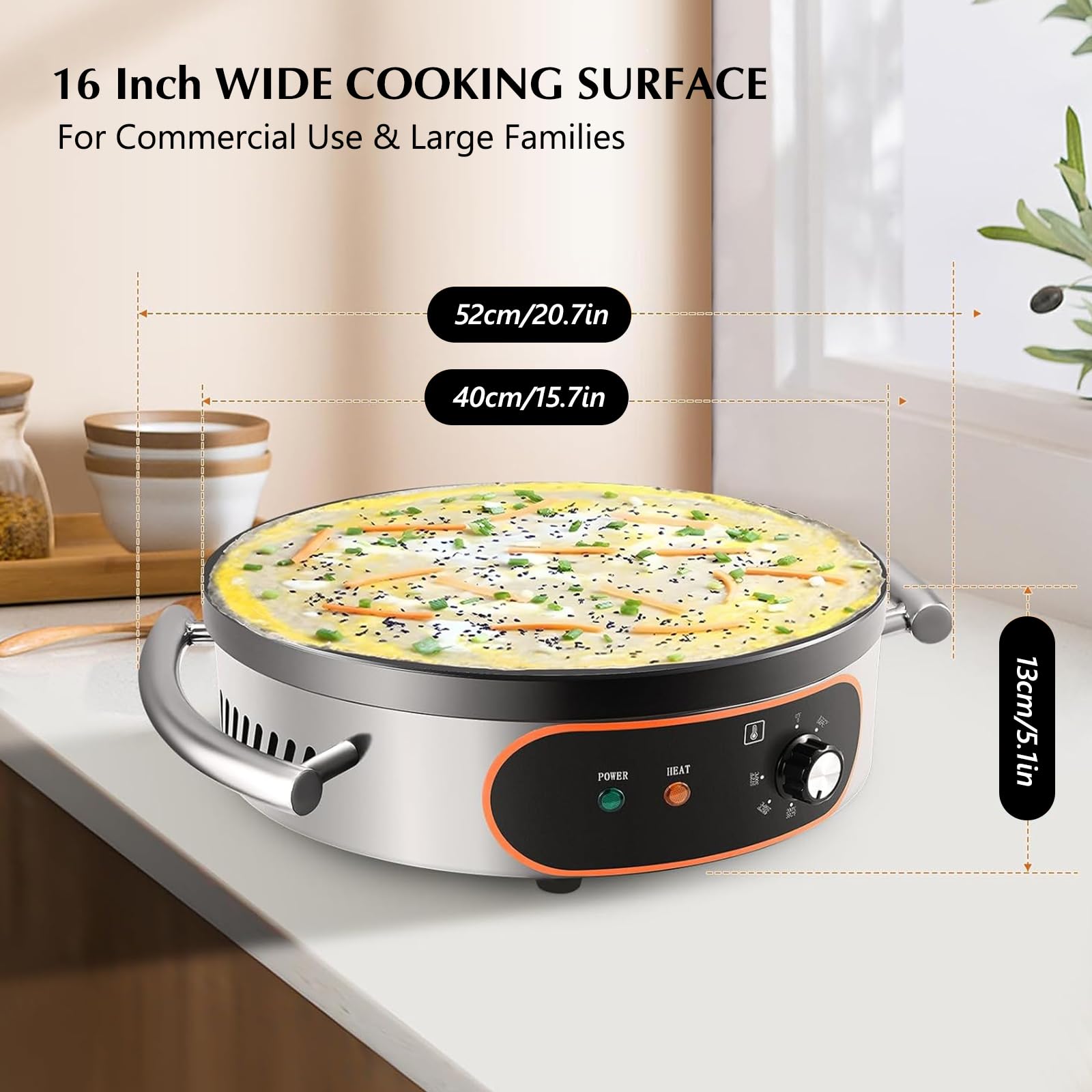 Commercial Crepe Maker Machine - 16 Inch Non-Stick Electric Crepe Griddle with Adjustable Temperature Control, 1500W Power & Thickened Cast Iron Cooking Plate - Perfect for Pancakes, Crepes, Tortillas in Restaurants, Cafes and Home Breakfast Cooking
