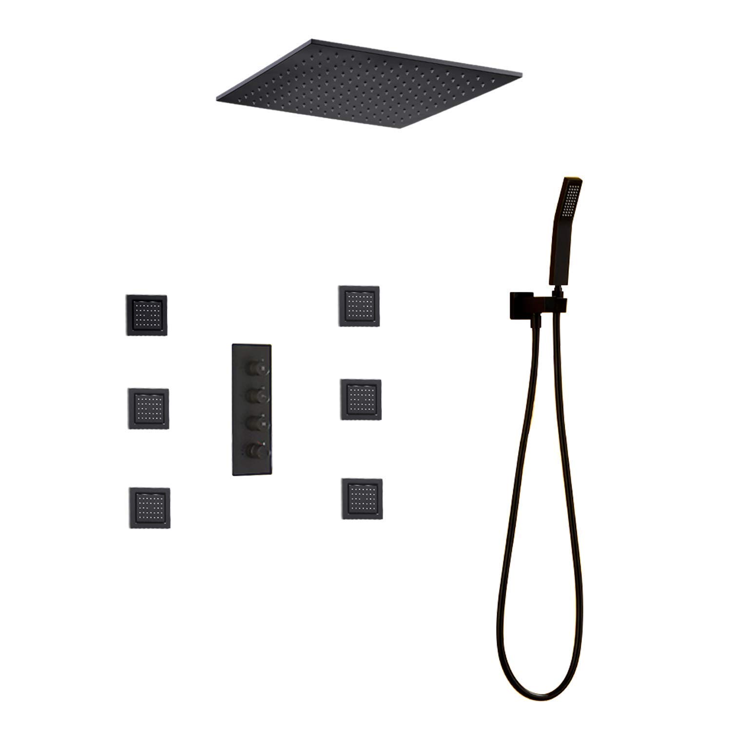 GELISURE Contemporary Black Thermostatic Shower Faucet Set - 16 Inch Rainfall Shower Head, 6 Body Sprays & Handheld Shower - Luxury Bathroom Fixtures for Modern Homes & Spa-Like Experience