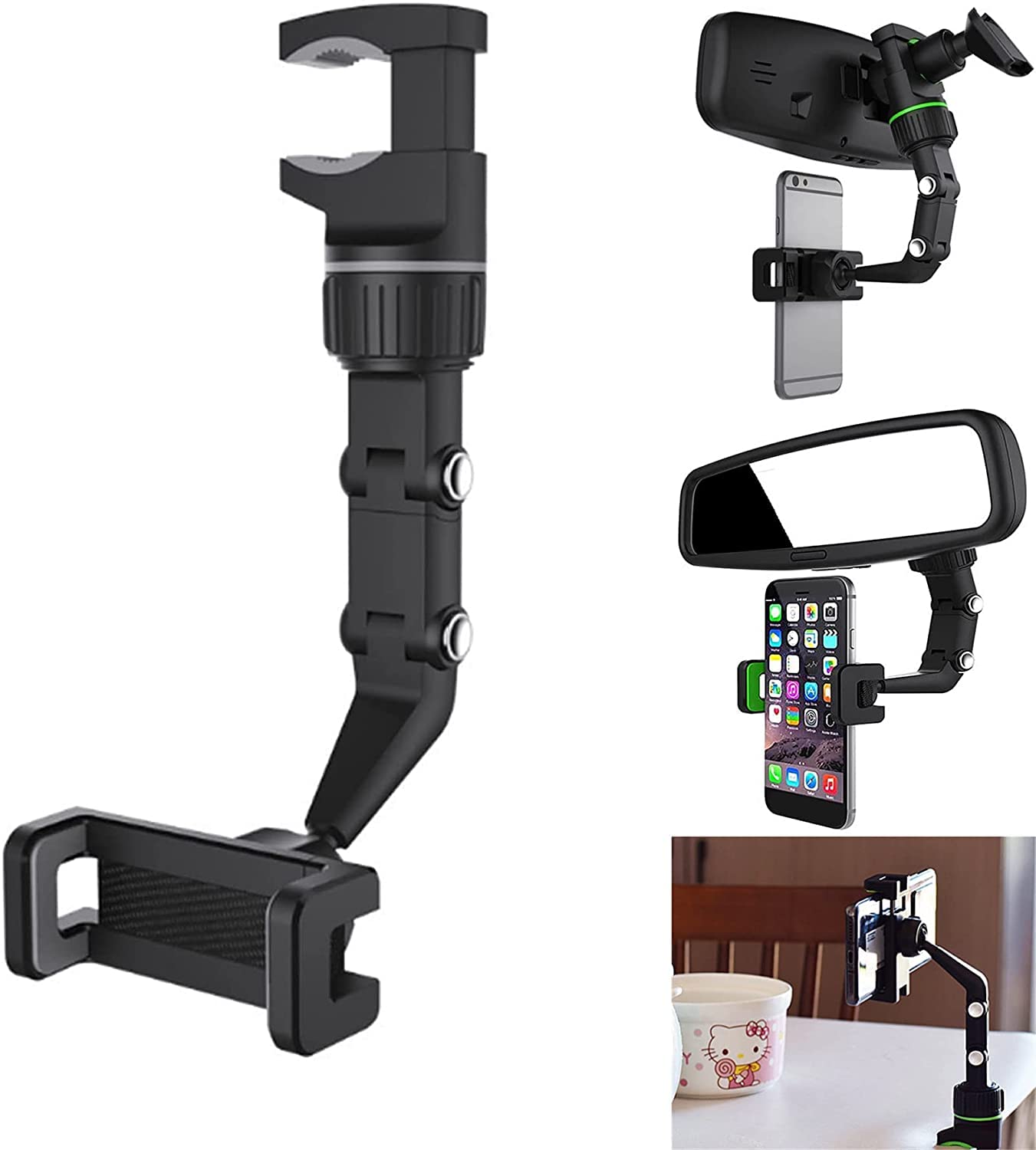 360° Rotatable Car Phone Mount Holder - Universal Adjustable Phone Cradle for iPhone & Android - Rearview Mirror & Dashboard GPS Stand (Grey) - Perfect for Hands-Free Driving & Navigation