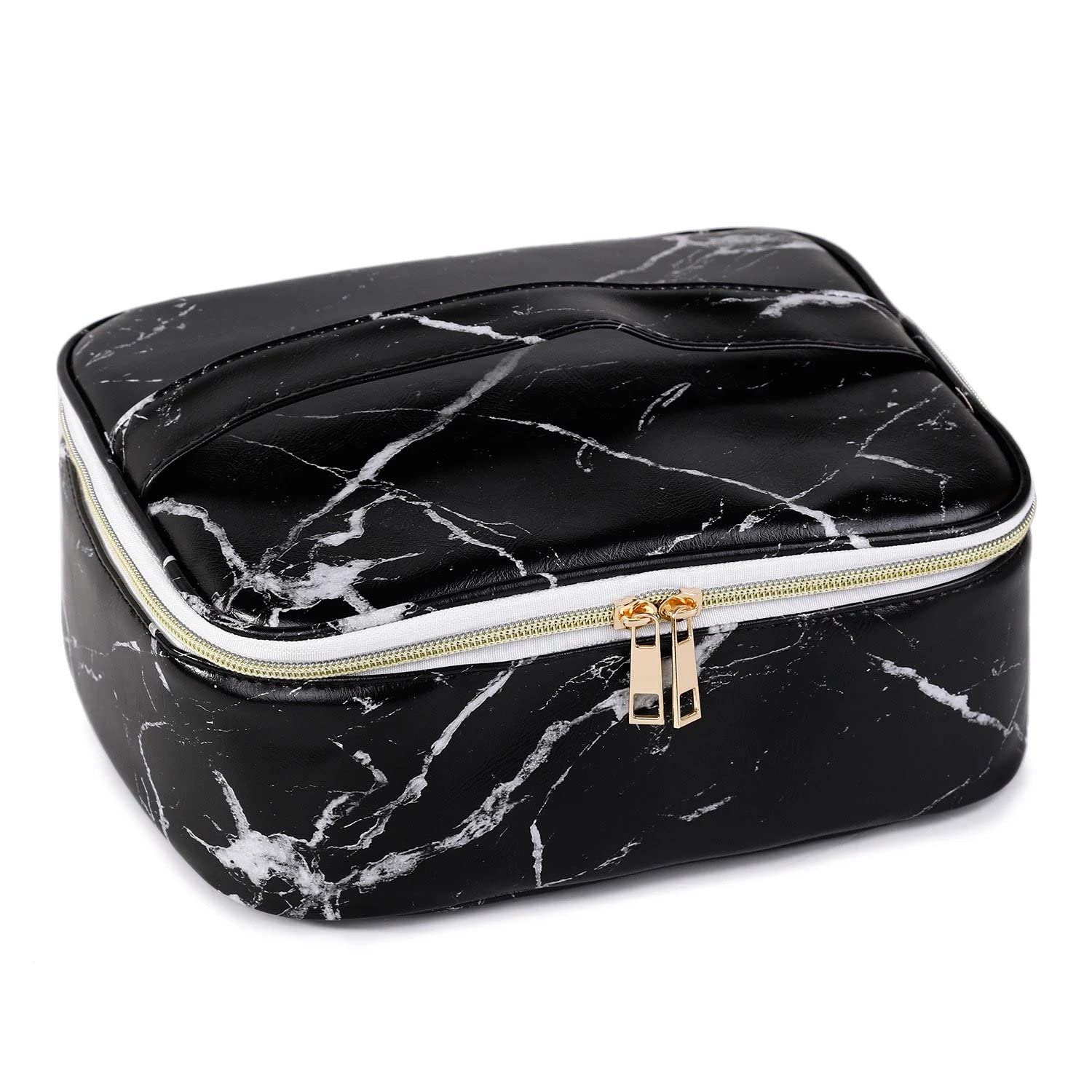 Jarvis Portable Travel Makeup Bag for Women - Waterproof Cosmetic Organizer with Dividers, Toiletry Storage Case - Black Marble Pattern | Perfect for Vacation, Gym & Daily Makeup Organization