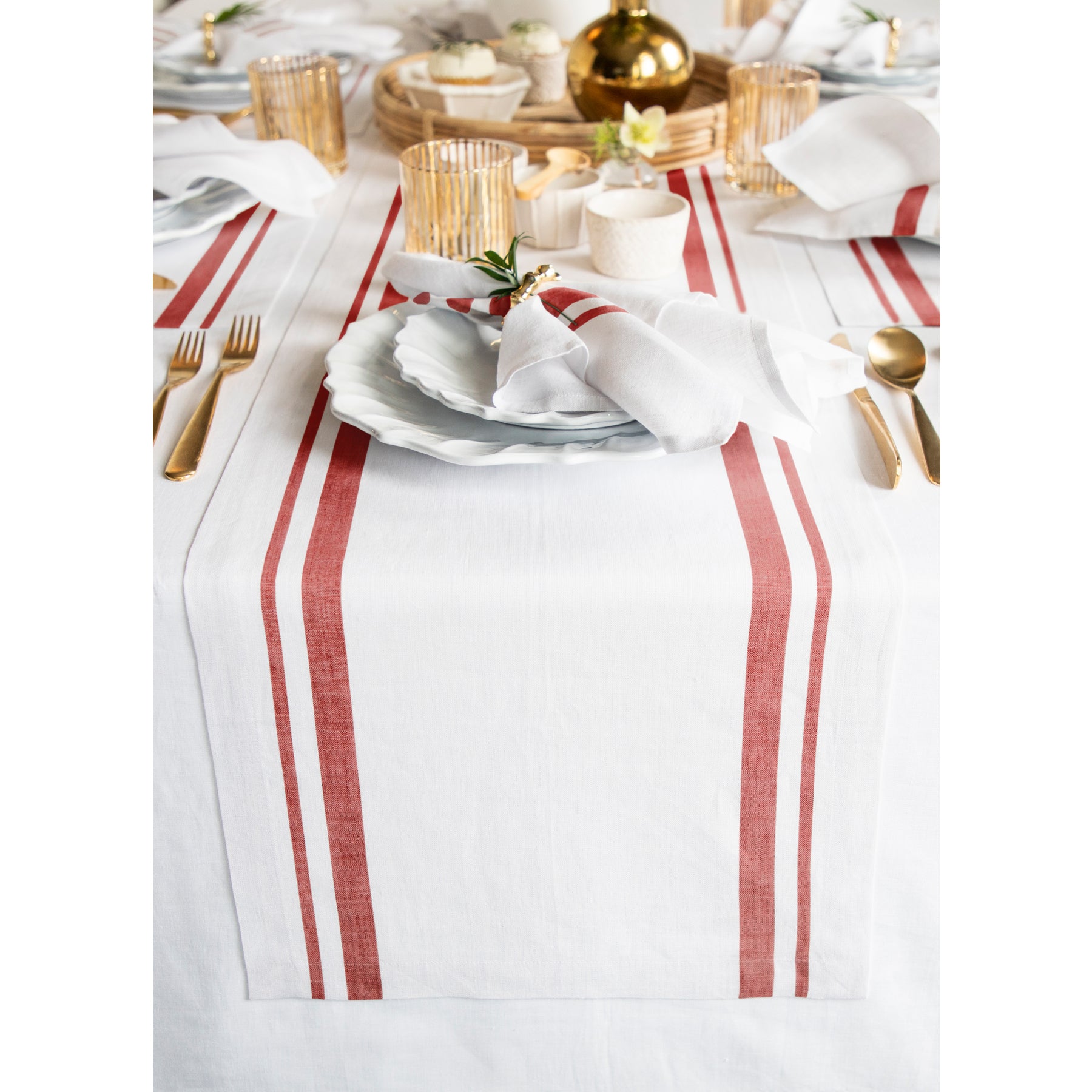 French Striped Table Runner - 16 Inch Wide Cotton Linen Blend for Dining Room Decor & Wedding Table Setting