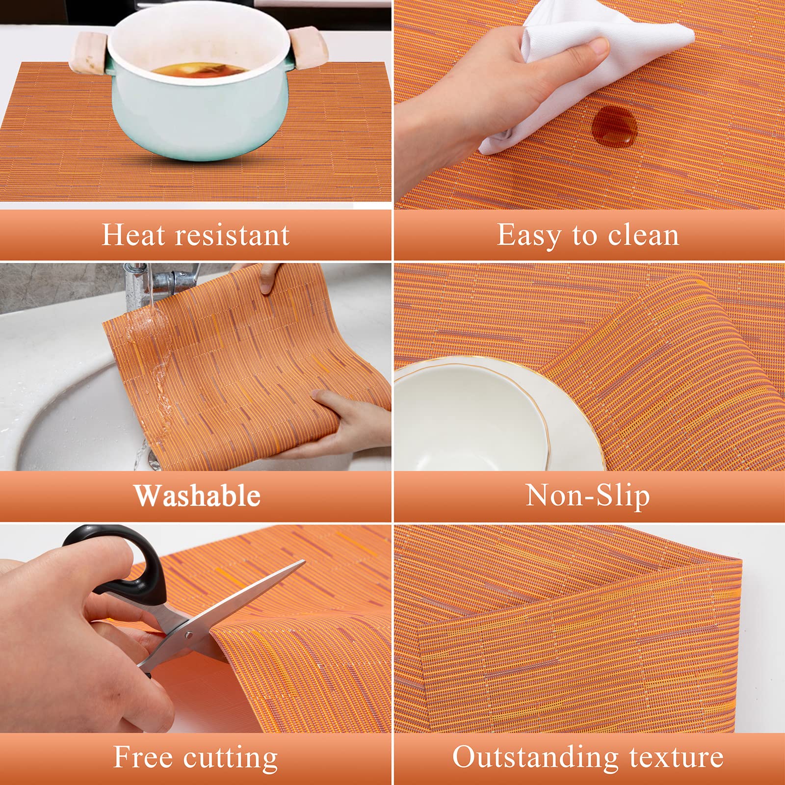 U'Artlines Heat-Resistant PVC Placemats Set of 6 - Stain Proof, Non-Slip, Washable Vinyl Table Mats for Dining, Kitchen & Outdoor Use (Orange)