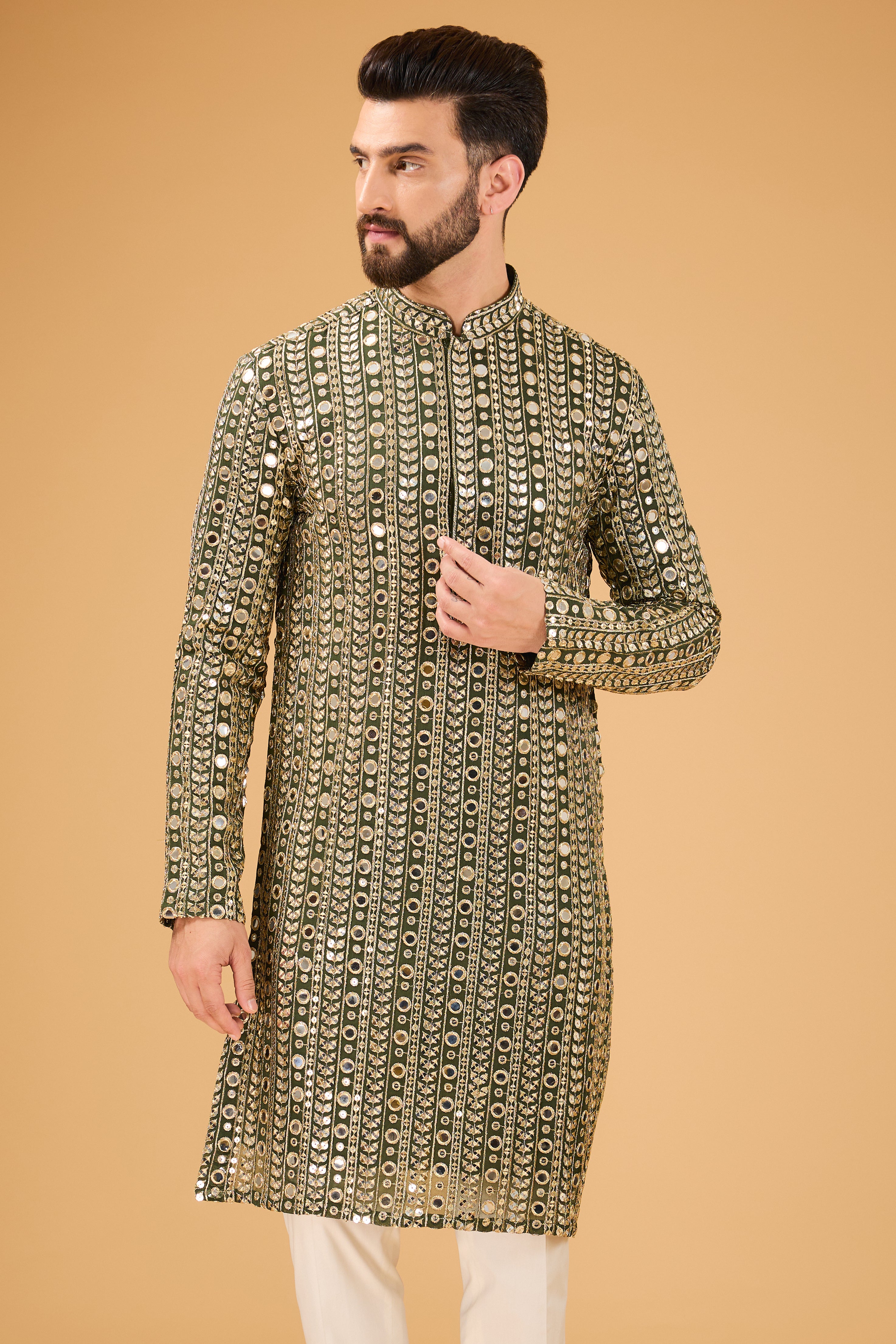 Military Green Mirror Work Kurta with Detailed Golden Zari Work - Elegant Ethnic Embroidered Tunic for Women - Perfect for Festivals, Weddings & Special Occasions