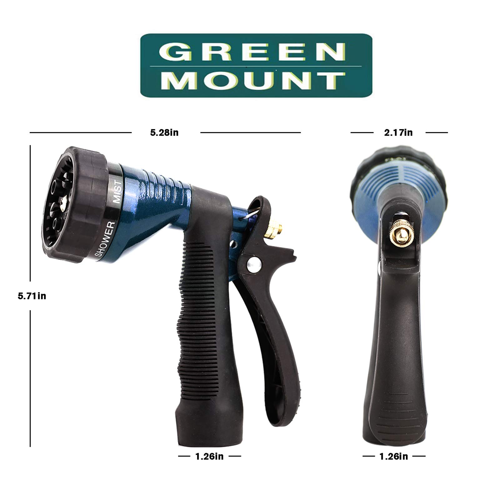 Premium GREEN MOUNT Metal Garden Hose Nozzle - Heavy Duty Water Spray Nozzle with 8 Adjustable Patterns for Lawn, Car Washing & Outdoor Cleaning