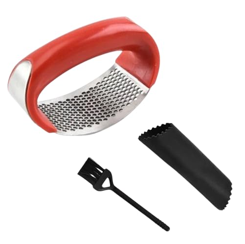 3-Piece Stainless Steel Garlic Press Set with Peeler & Brush - Kitchen Gadget for Cooking & Baking