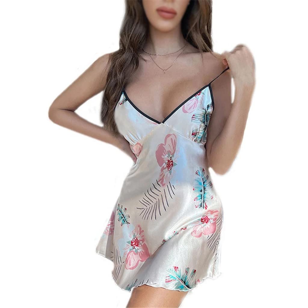 MMAXZ Women's Summer Lace Ice Silk Nightgown - Short Sleeve Deep V-Neck Sleepwear for Hot Weather - Soft & Breathable Nightdress for Bedtime & Lounge (Color A, Size S) - Perfect for Vacation, Honeymoon & Relaxing at Home