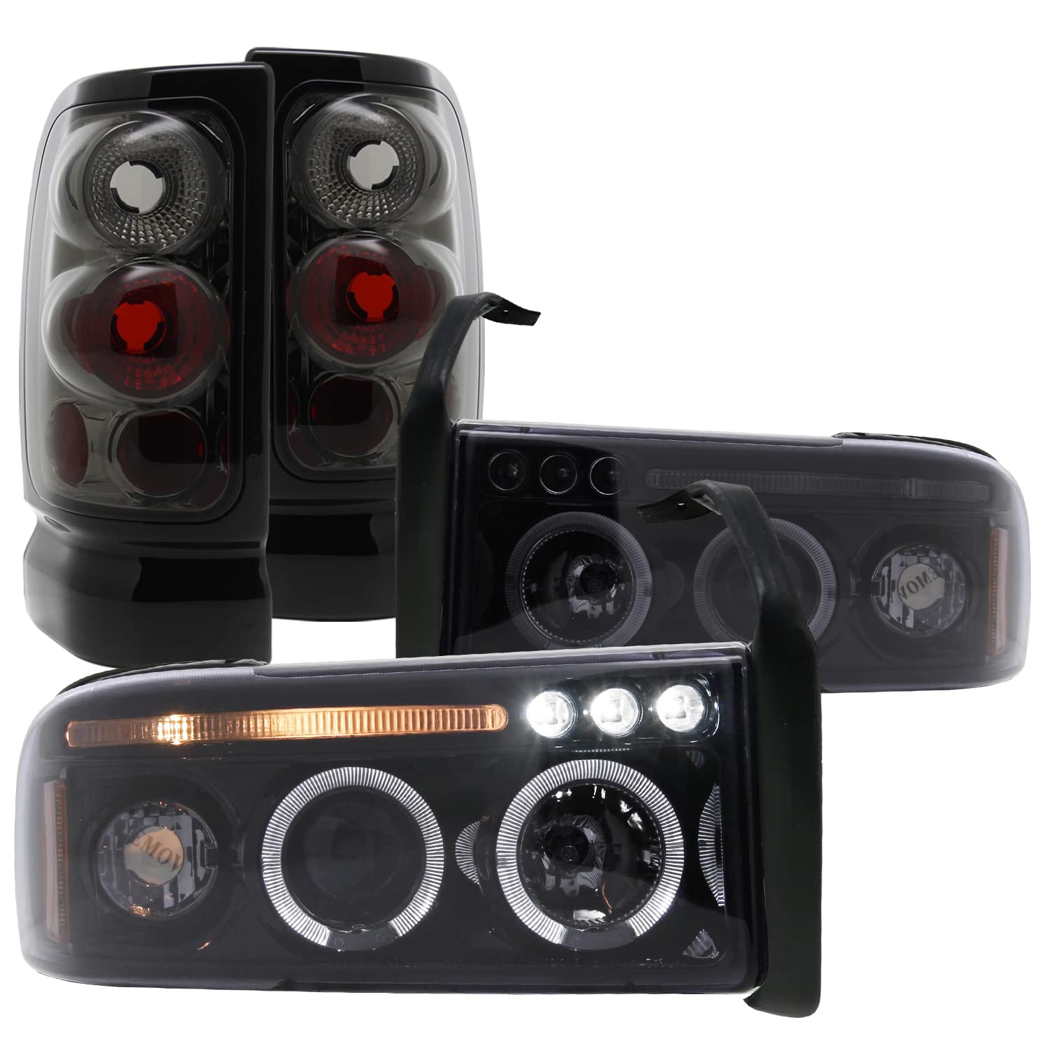 Spec-D Tuning Jet Black Halo Projector Headlights with Slim 6-LED DRL - Compatible with Dodge Ram 1500/2500/3500 (2009-2018) - Left & Right Pair Headlamp Assembly - Upgrade for Night Driving & Off-Road Adventures