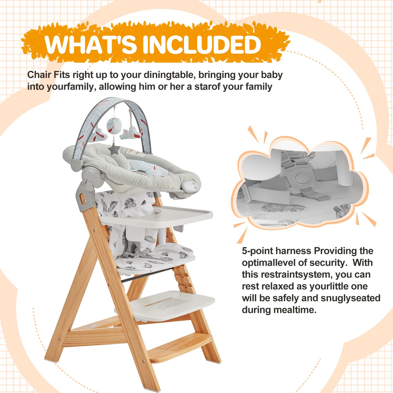 Convertible Wooden High Chair with Baby Bouncer & Tray - Adjustable Toddler Highchair for 6+ Months - Water Resistant Natural Wood Baby Chair for Dining & Feeding - Perfect for Home, Nursery & Restaurants