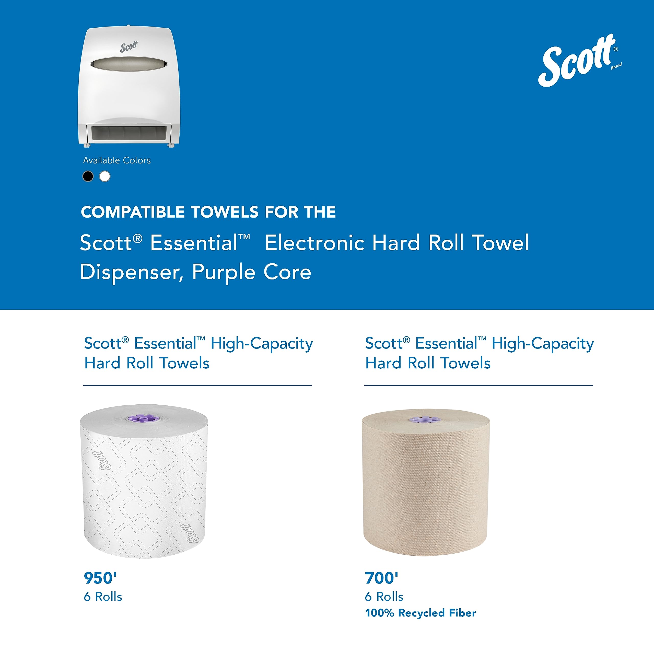 Scott Essential Electronic Towel Dispenser (48858) - Fast Change White Paper Towel Holder with Purple Core - Hands-Free Automatic Dispenser for Kitchen, Bathroom & Office Hygiene