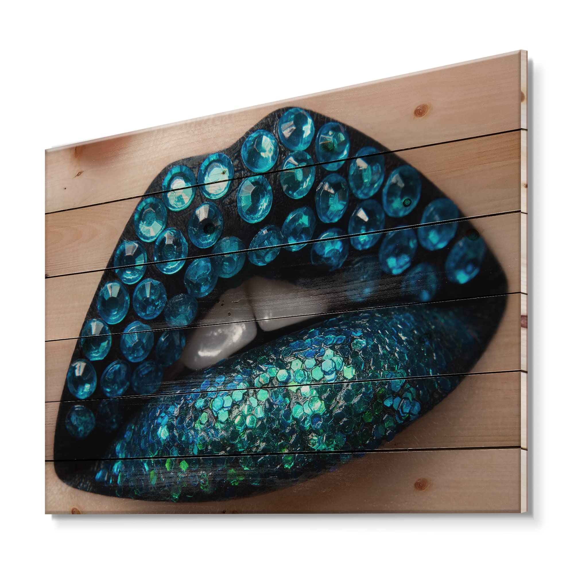 Blue Diamond Lips Wood Wall Art - Modern Black Lipstick Decor for Living Room