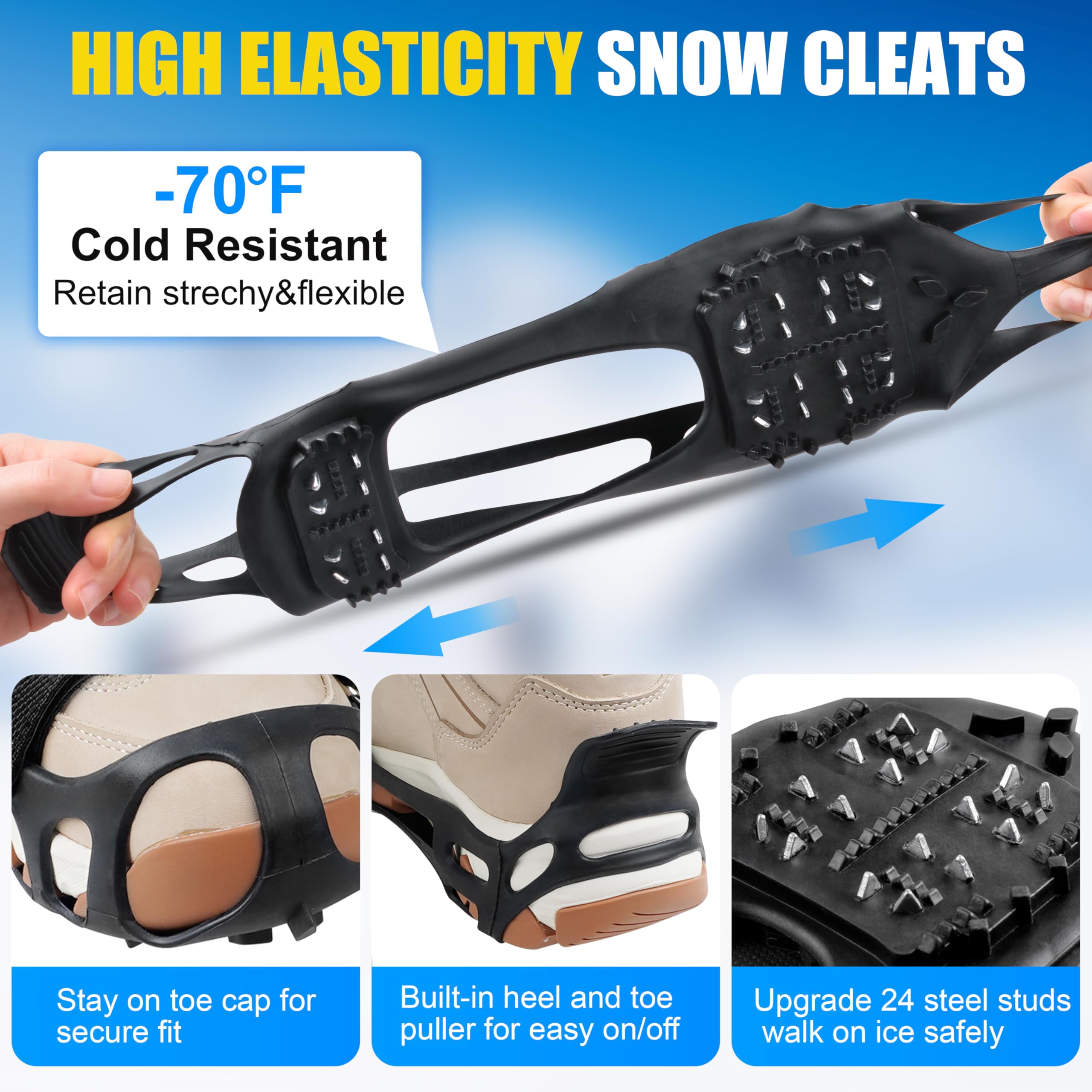 Ice Cleats for Shoes & Boots - Non-Slip Snow Traction Crampons with 24 Studs for Men & Women - Anti-Slip Shoe Grippers for Winter Walking on Ice & Snow - Perfect for Hiking, Running & Outdoor Activities in Cold Weather
